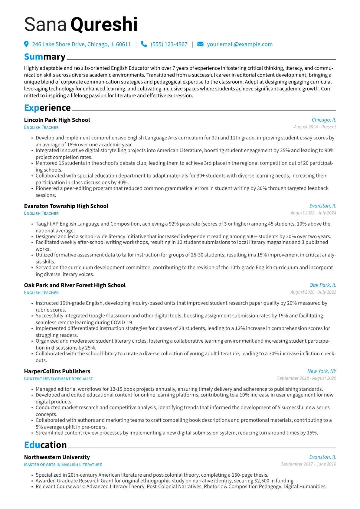 Experienced English Teacher resume example, Career changer, page 1