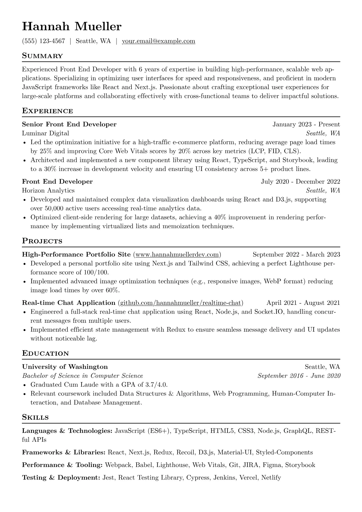 Experienced Front End Developer resume example, Languages & Technologies, page 1