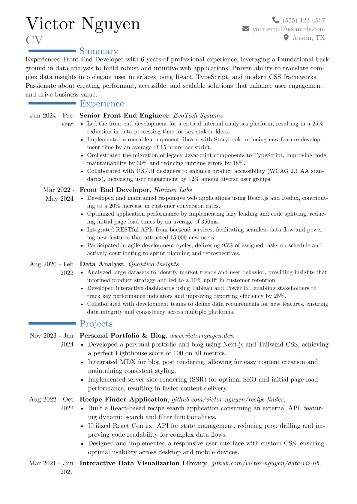 Experienced Front End Developer resume example, Career changer, page 1