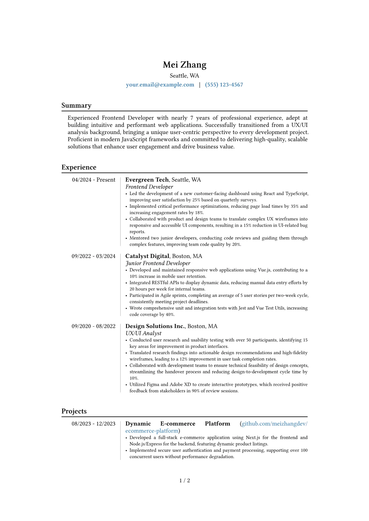 Experienced Frontend Developer resume example, Career changer, page 1