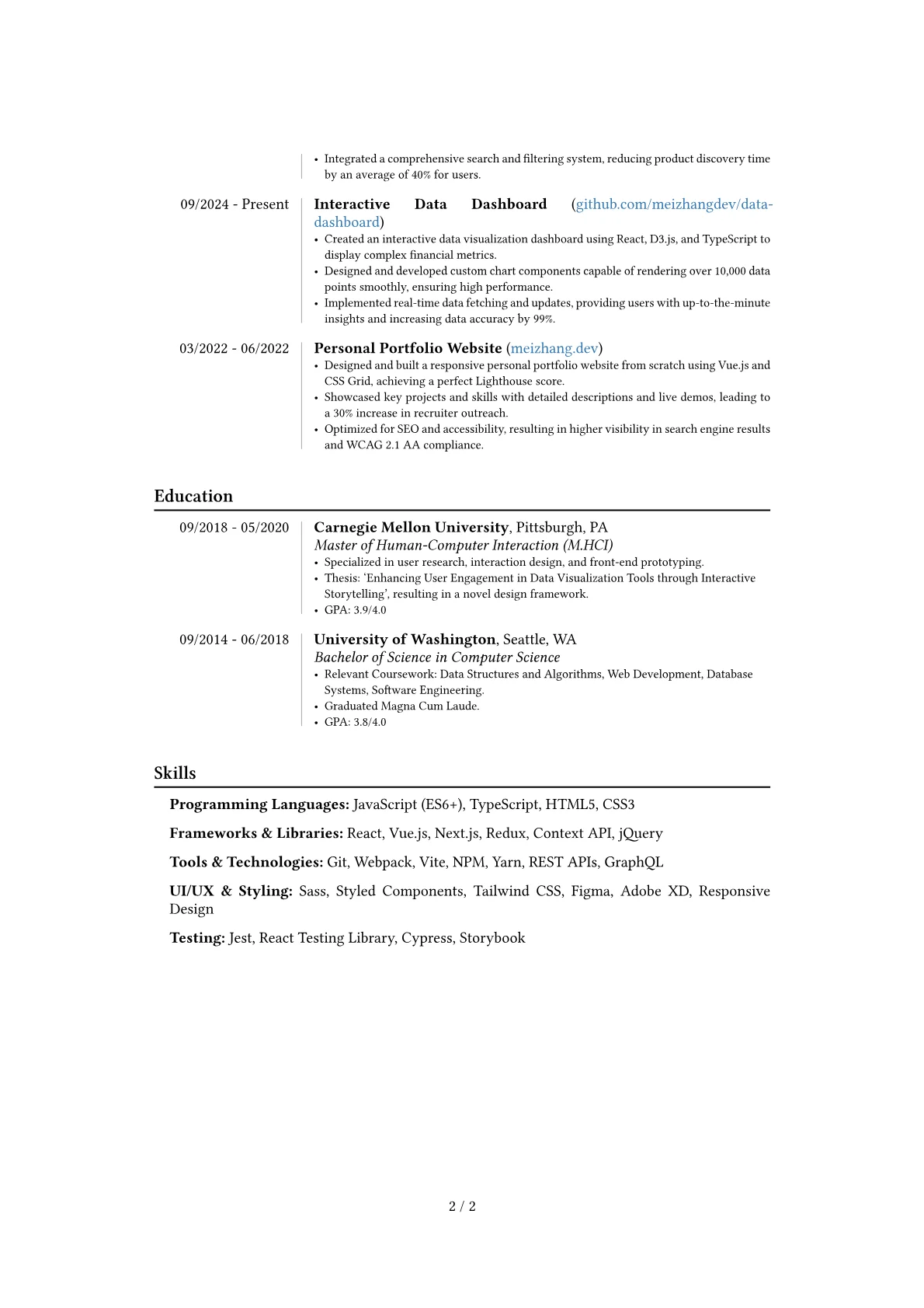 Experienced Frontend Developer resume example, Career changer, page 2