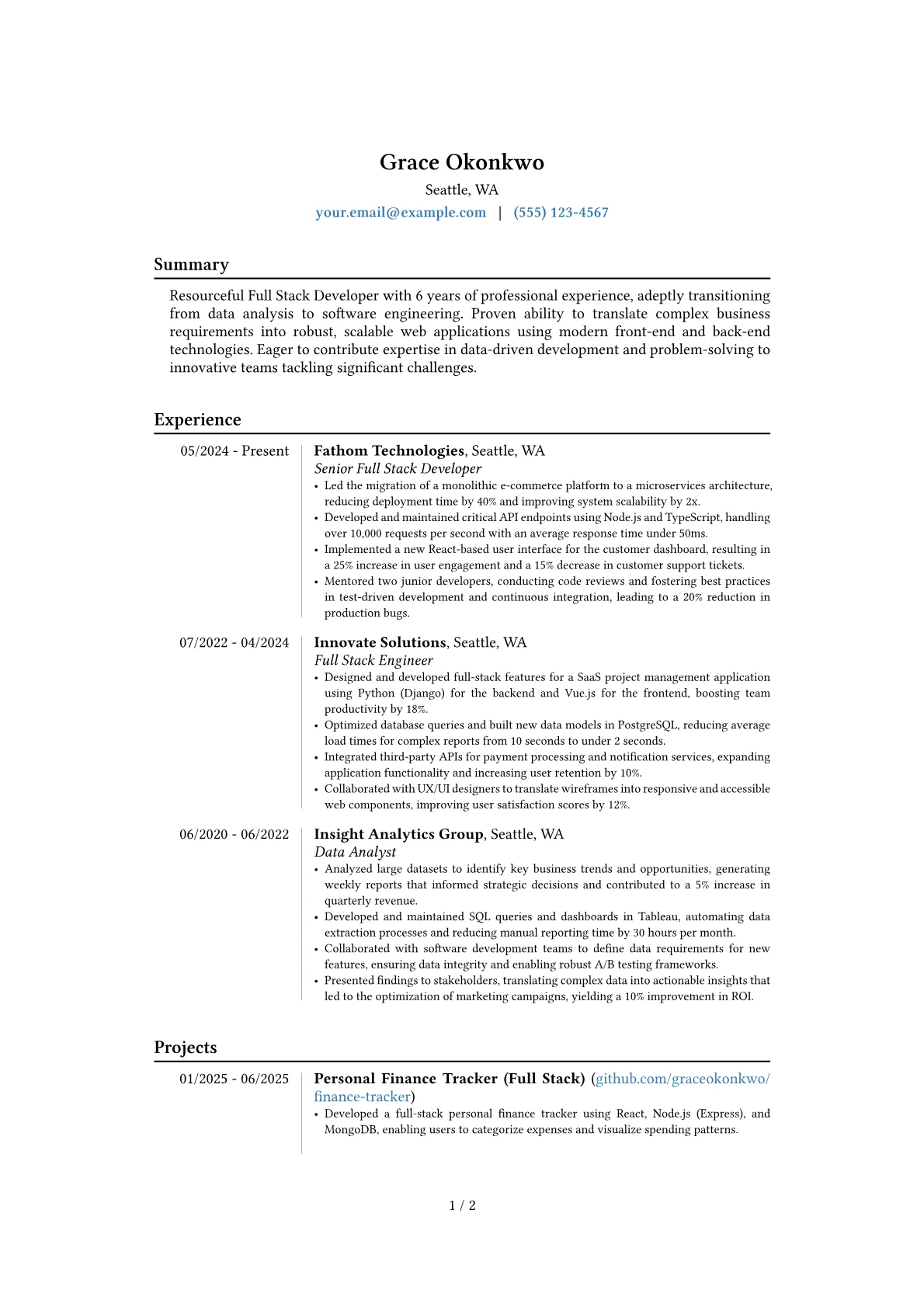 Experienced Full Stack Developer resume example, Career changer, page 1