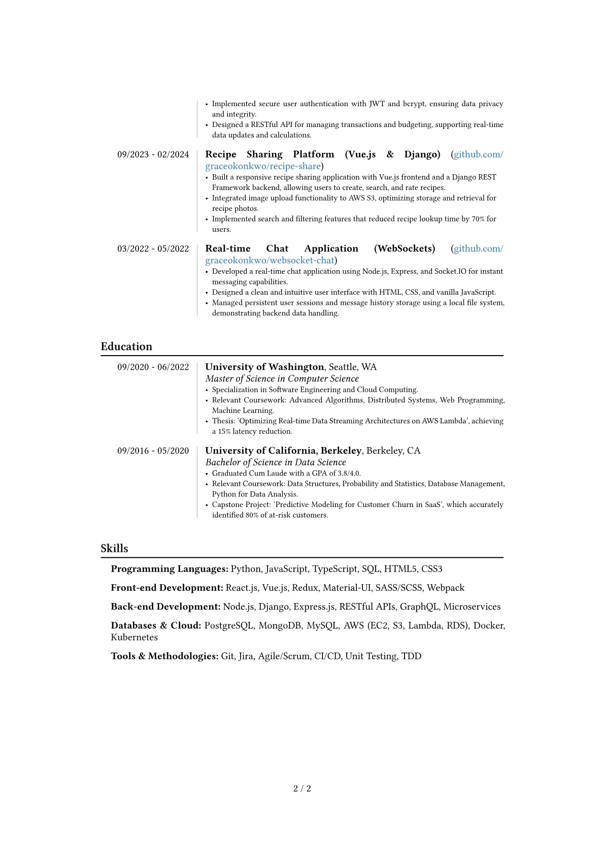Experienced Full Stack Developer resume example, Career changer, page 2