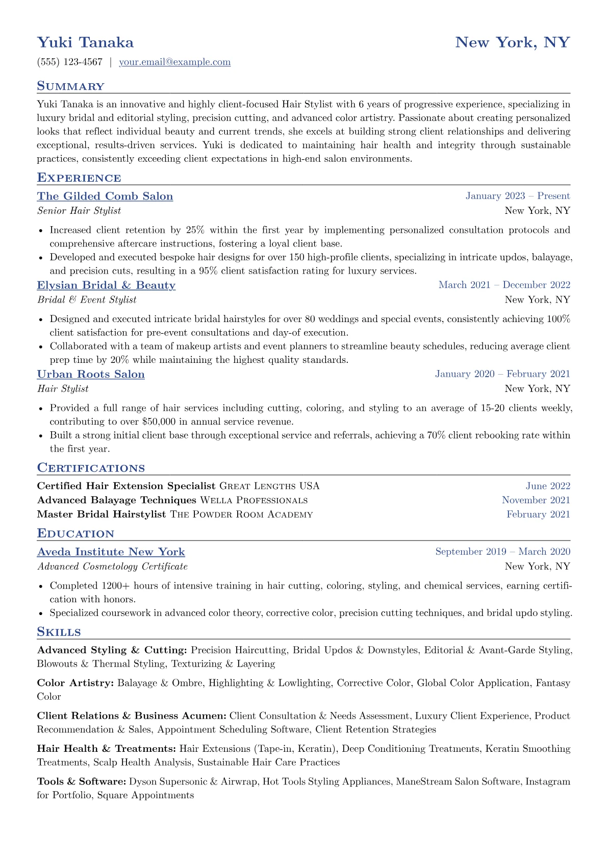 Experienced Hair Stylist resume example, Bridal & Luxury Salon, page 1