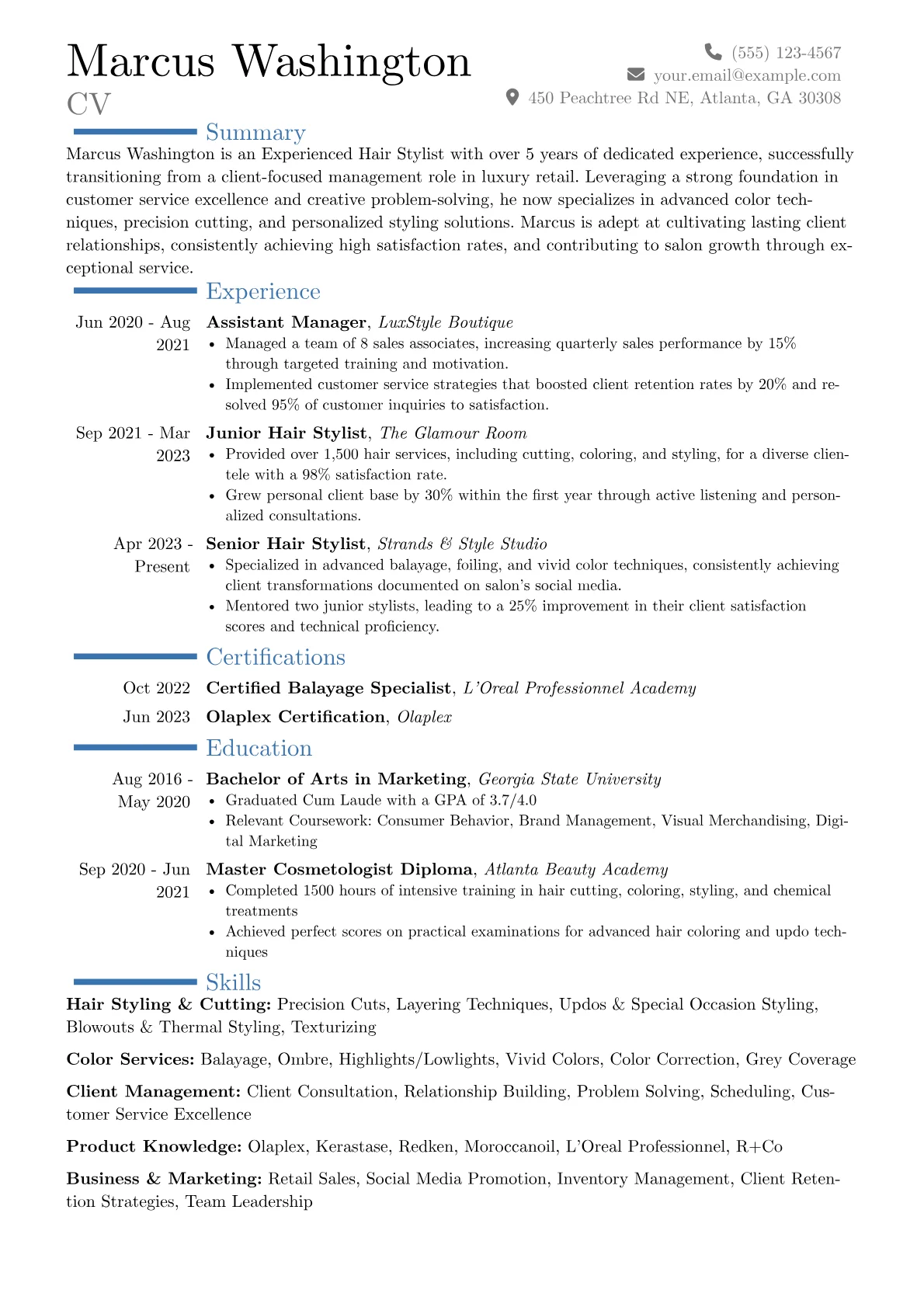 Experienced Hair Stylist resume example, Career changer, page 1