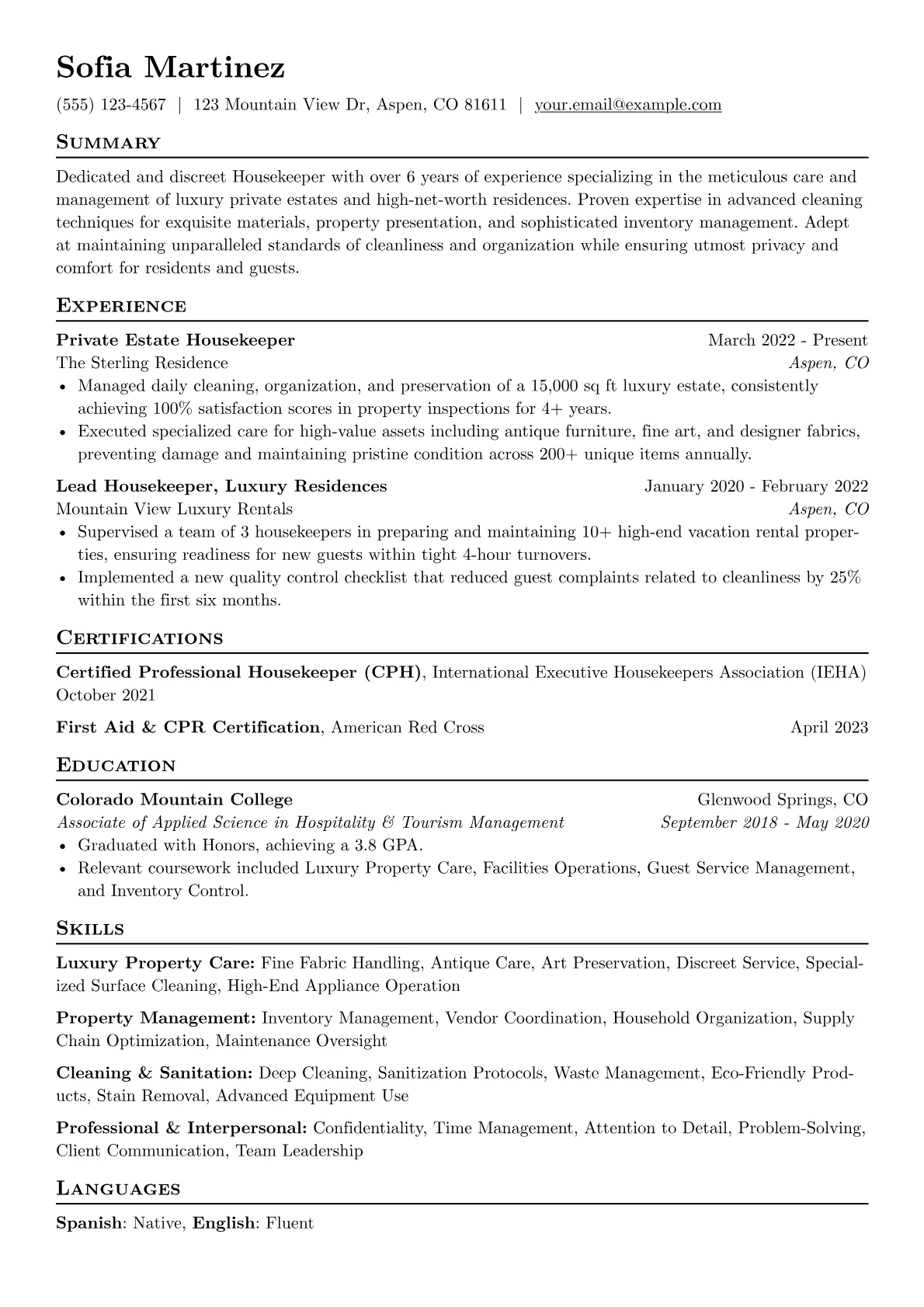 Experienced Housekeeper resume example, Experienced Housekeeper, page 1