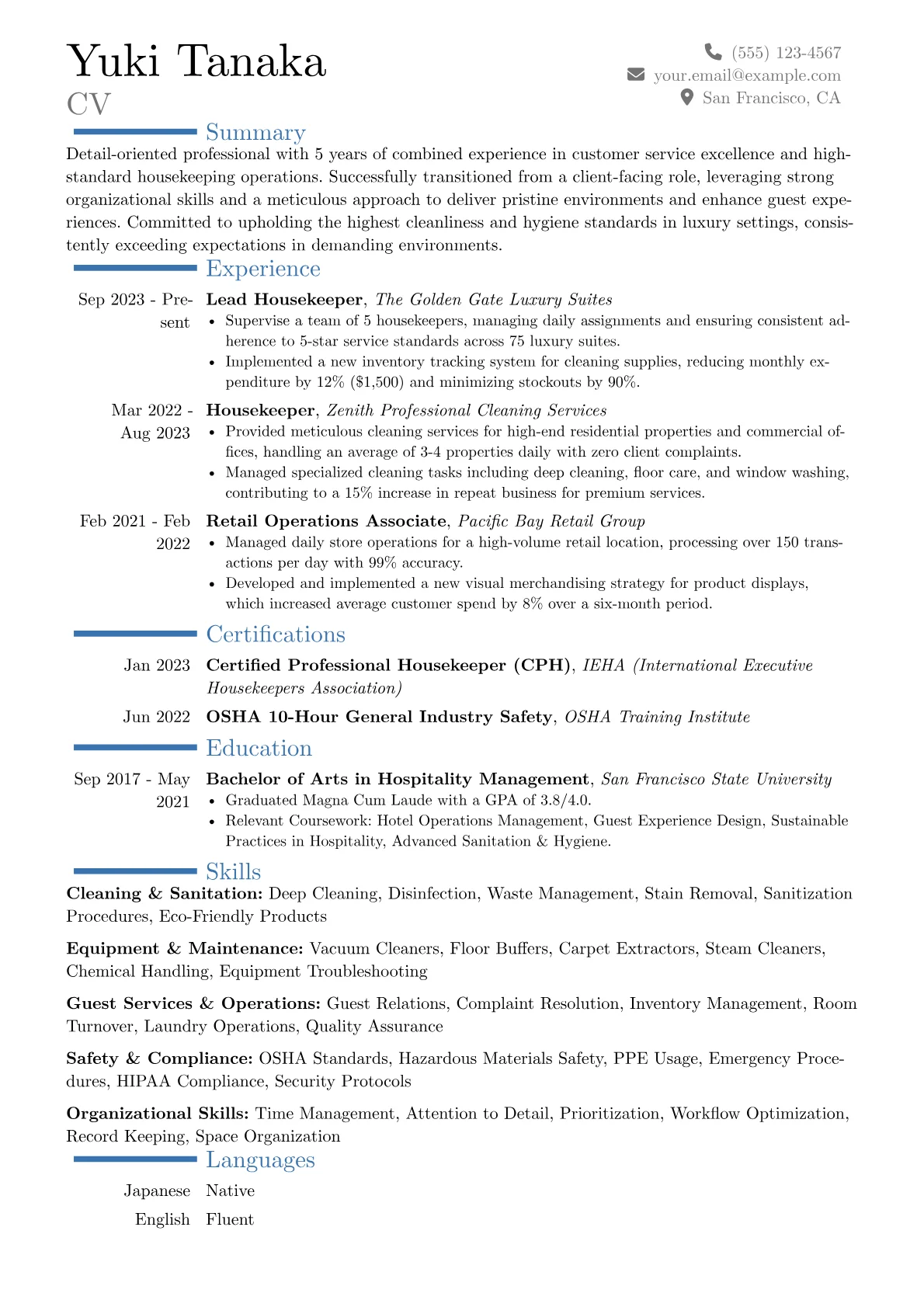 Experienced Housekeeper resume example, Career changer, page 1