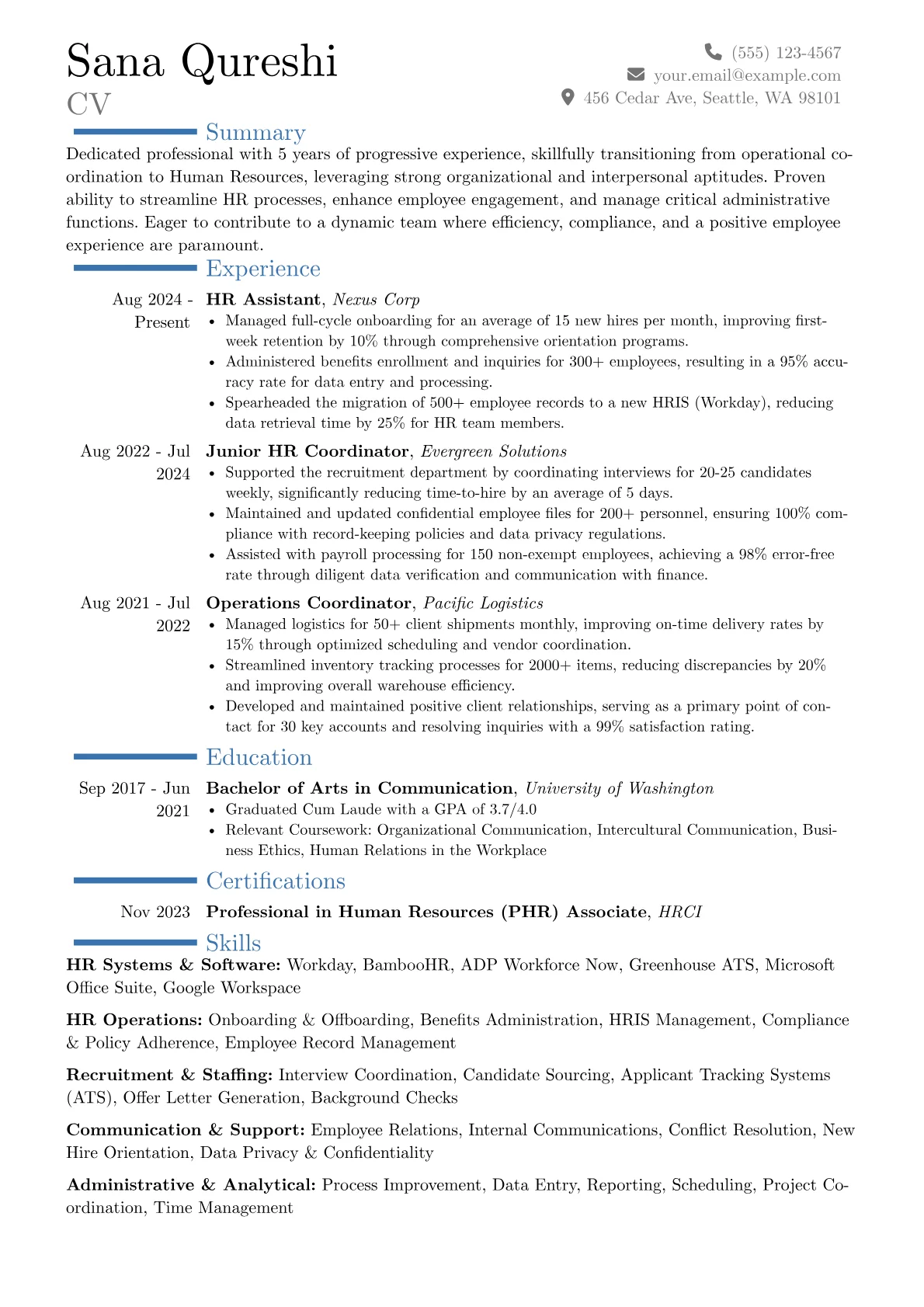 Experienced HR Assistant resume example, Career changer, page 1