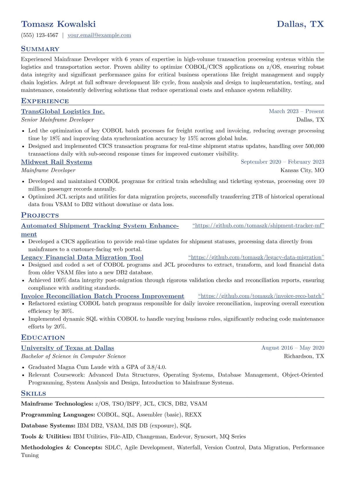 Experienced Mainframe Developer resume example, mainf-dev-logistics, page 1