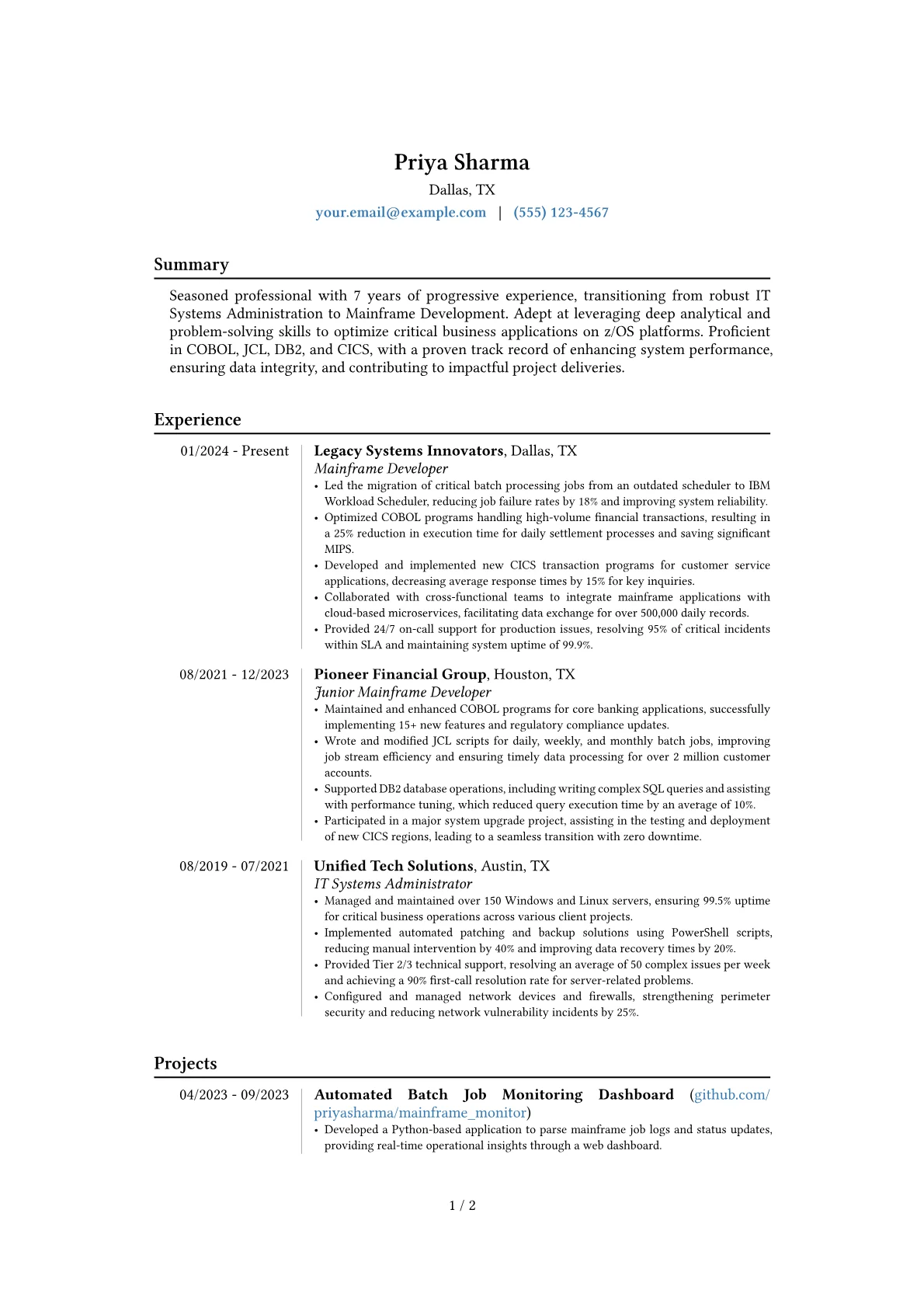 Experienced Mainframe Developer resume example, Career changer, page 1