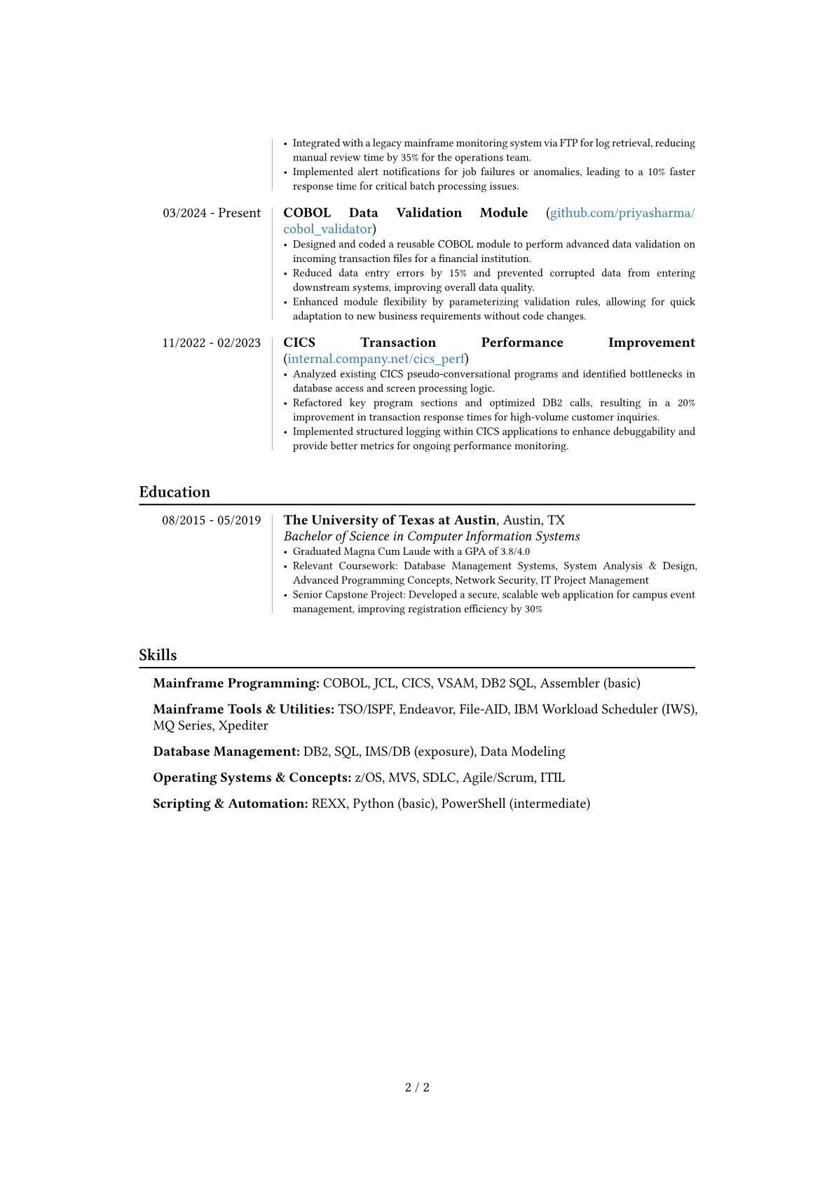 Experienced Mainframe Developer resume example, Career changer, page 2