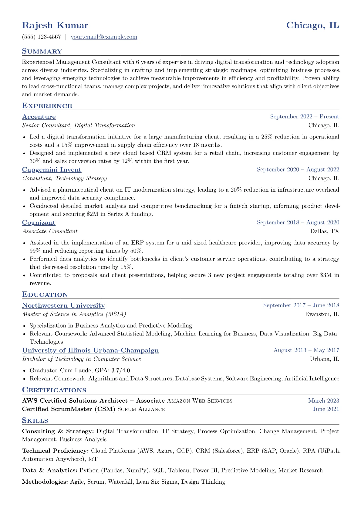 Experienced Management Consultant resume example, Digital Transformation, page 1
