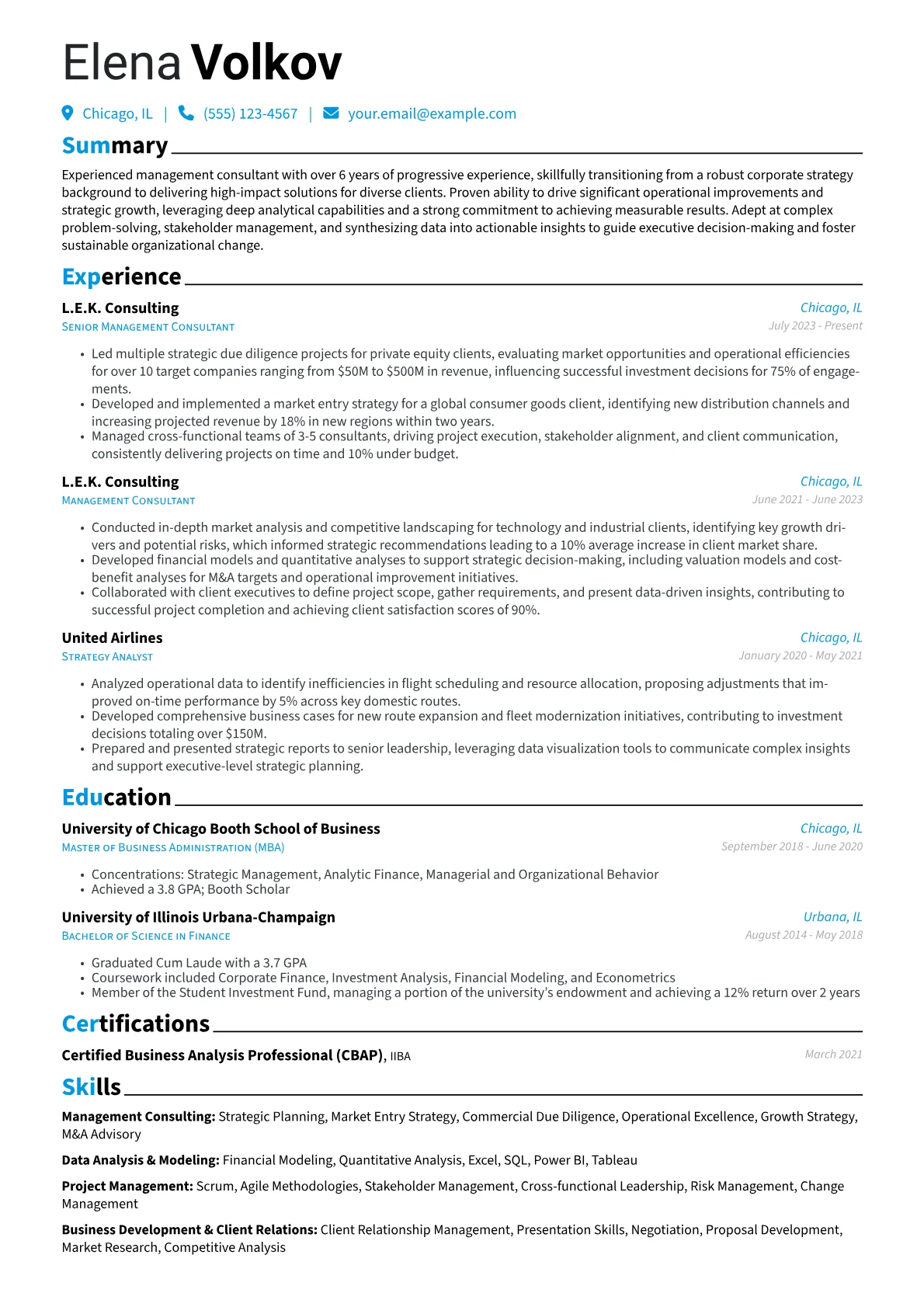 Experienced Management Consultant resume example, Career changer, page 1