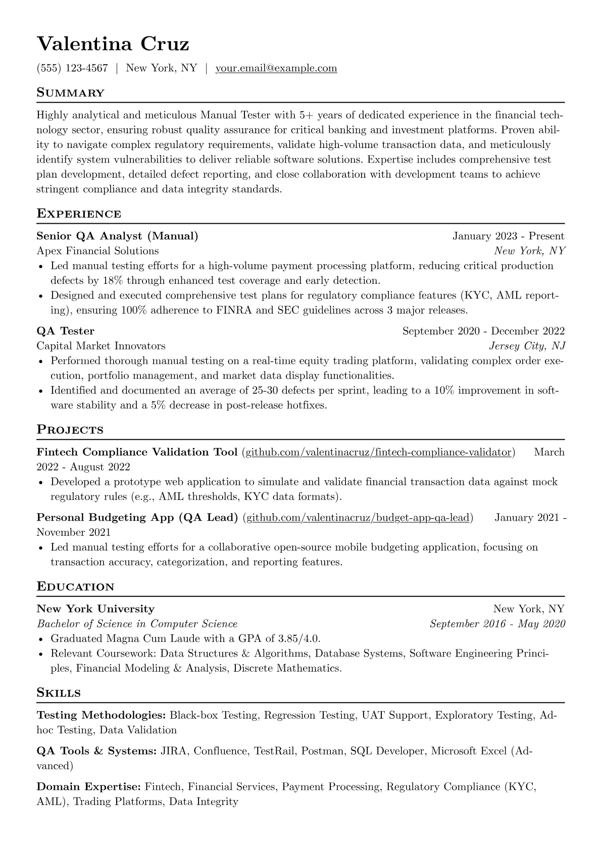 Experienced Manual Tester resume example, Fintech & Regulatory, page 1