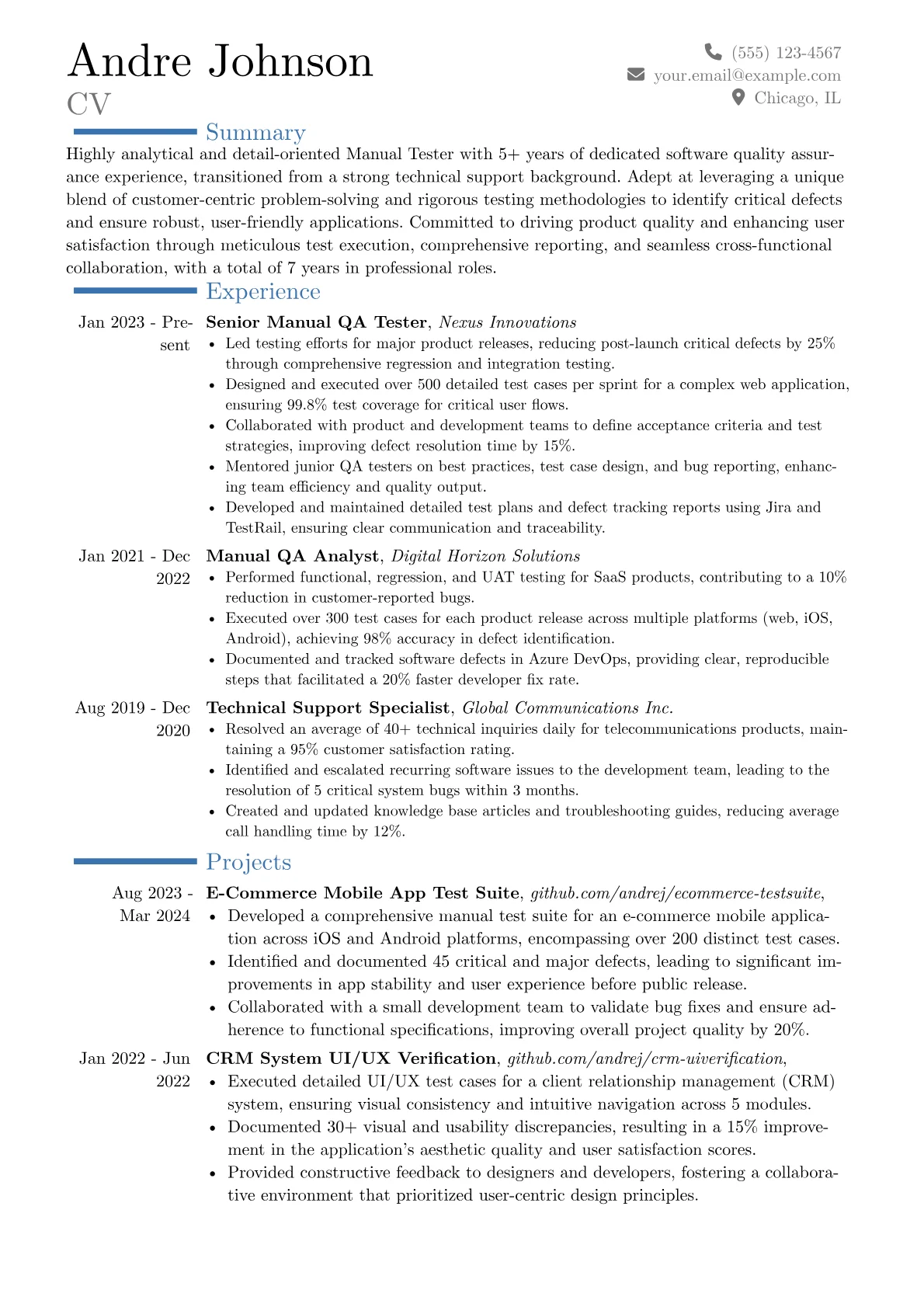 Experienced Manual Tester resume example, Career changer, page 1