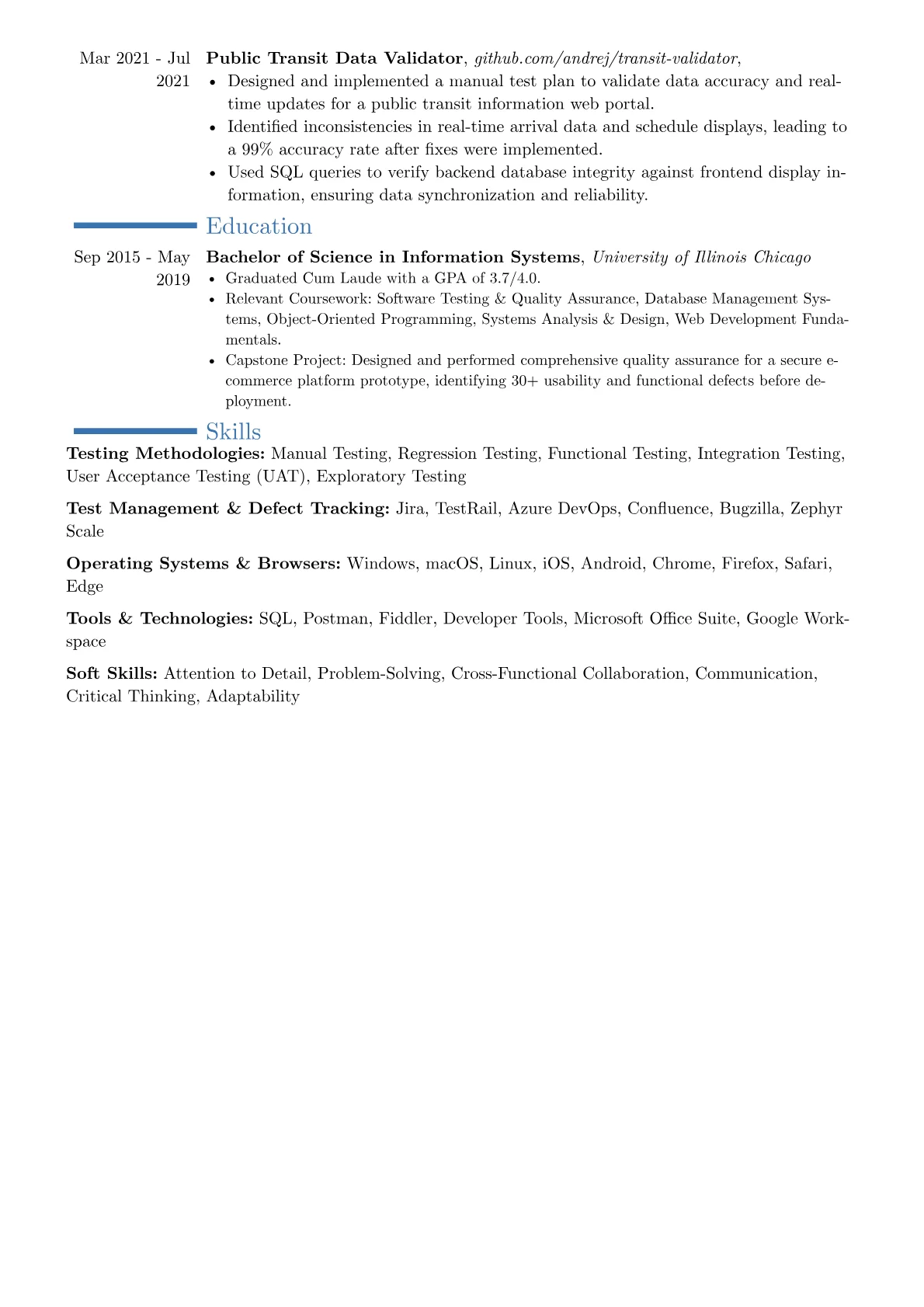 Experienced Manual Tester resume example, Career changer, page 2