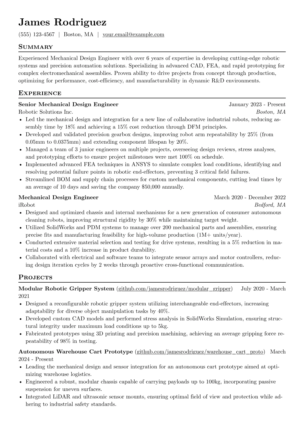 Experienced Mechanical Design Engineer resume example, Robotics & Automation, page 1