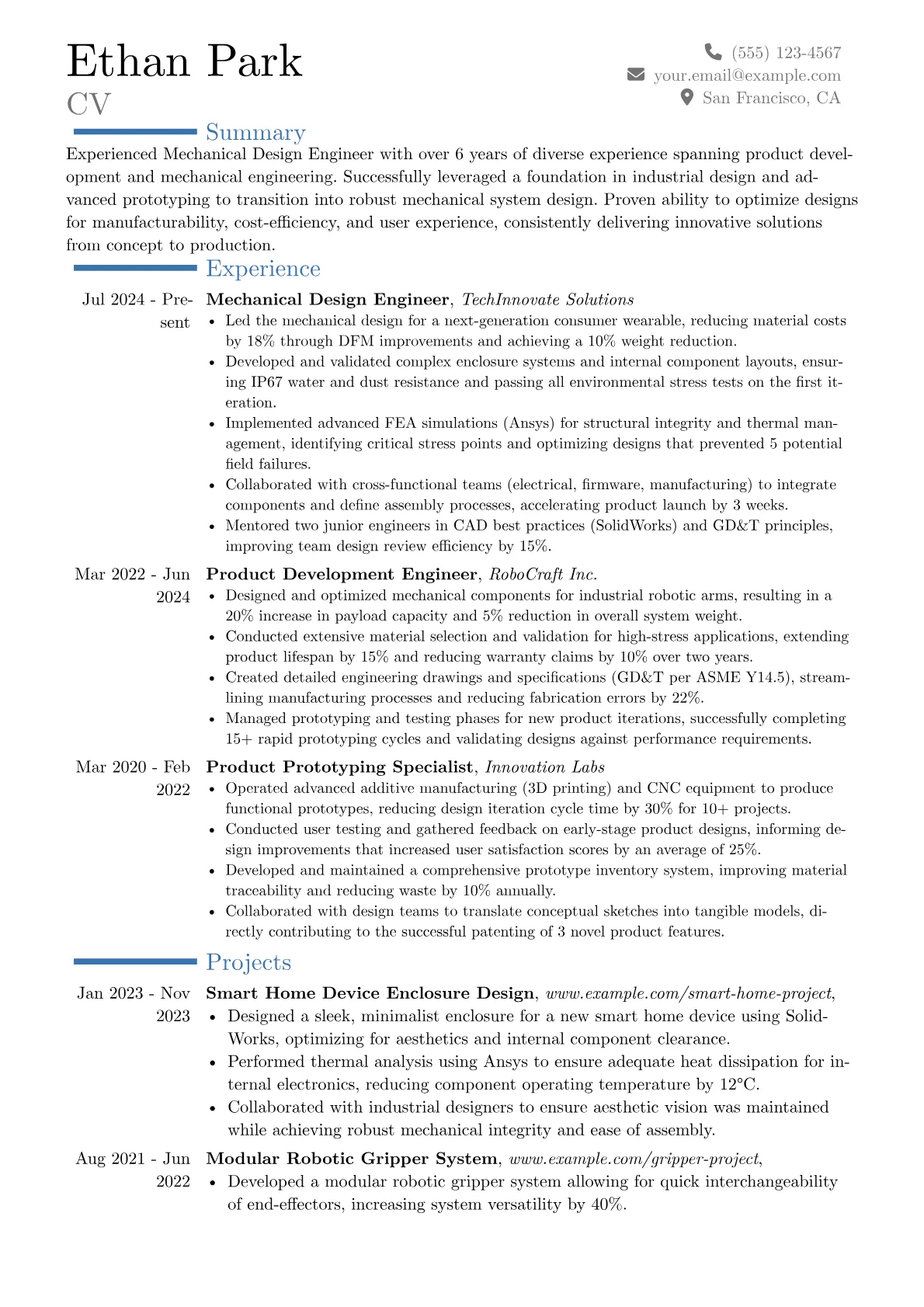 Experienced Mechanical Design Engineer resume example, Career changer, page 1