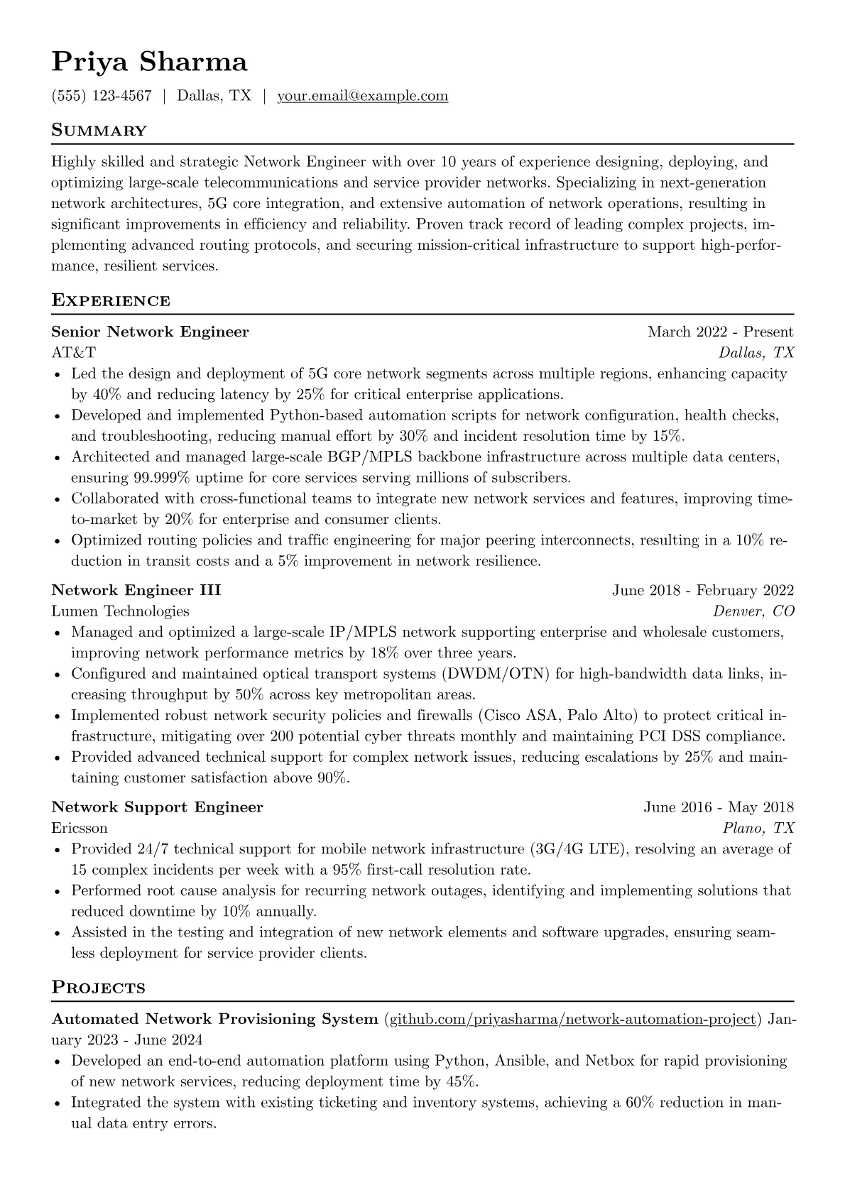 Experienced Network Engineer resume example, Telecom Network Engineer, page 1