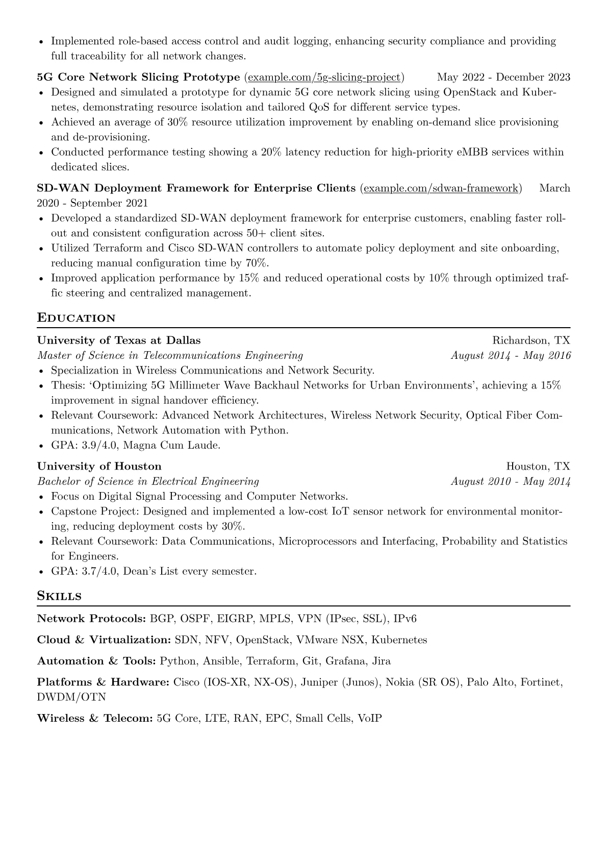 Experienced Network Engineer resume example, Telecom Network Engineer, page 2