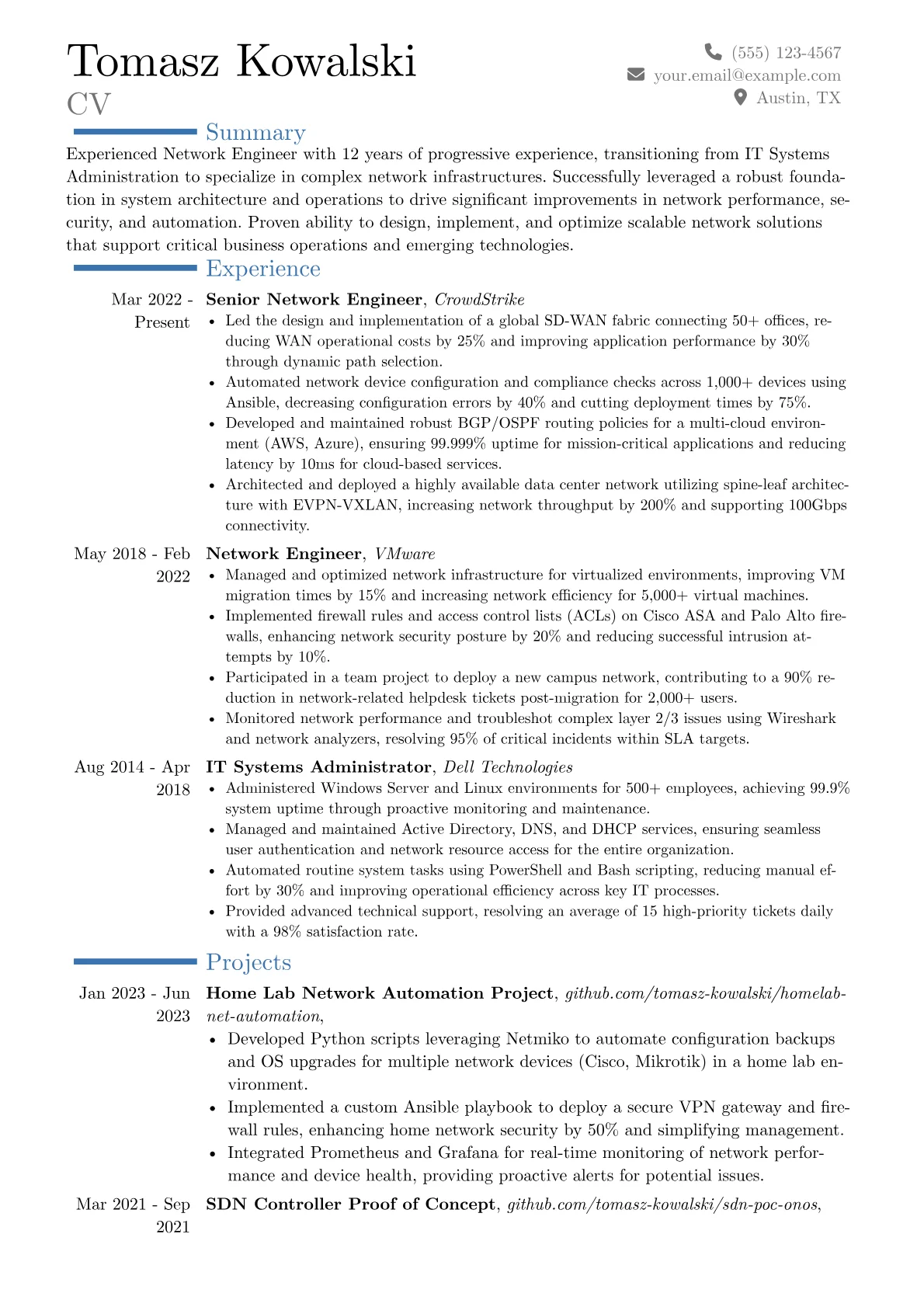 Experienced Network Engineer resume example, Career changer, page 1
