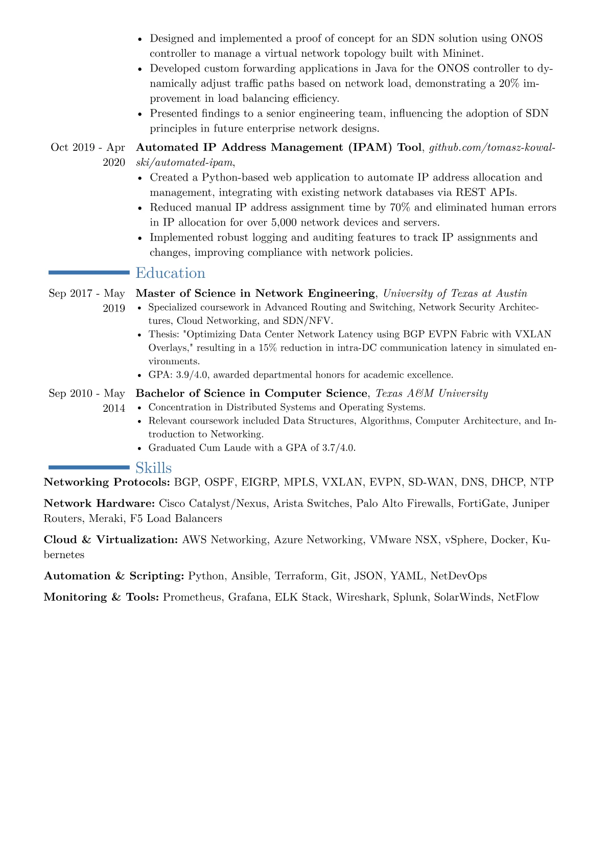 Experienced Network Engineer resume example, Career changer, page 2