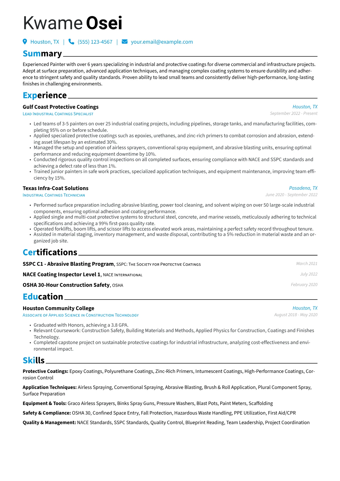 Experienced Painter resume example, Industrial Coatings, page 1