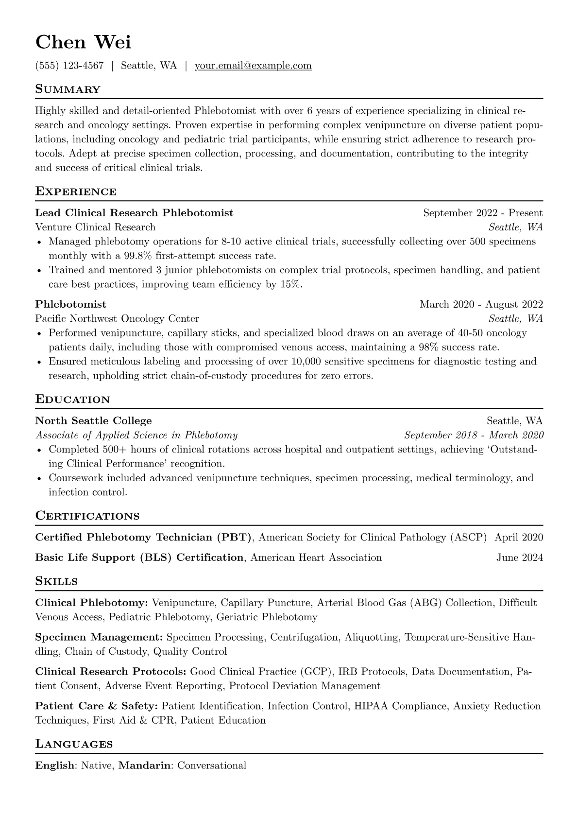 Experienced Phlebotomist resume example, Experienced Phlebotomist, page 1
