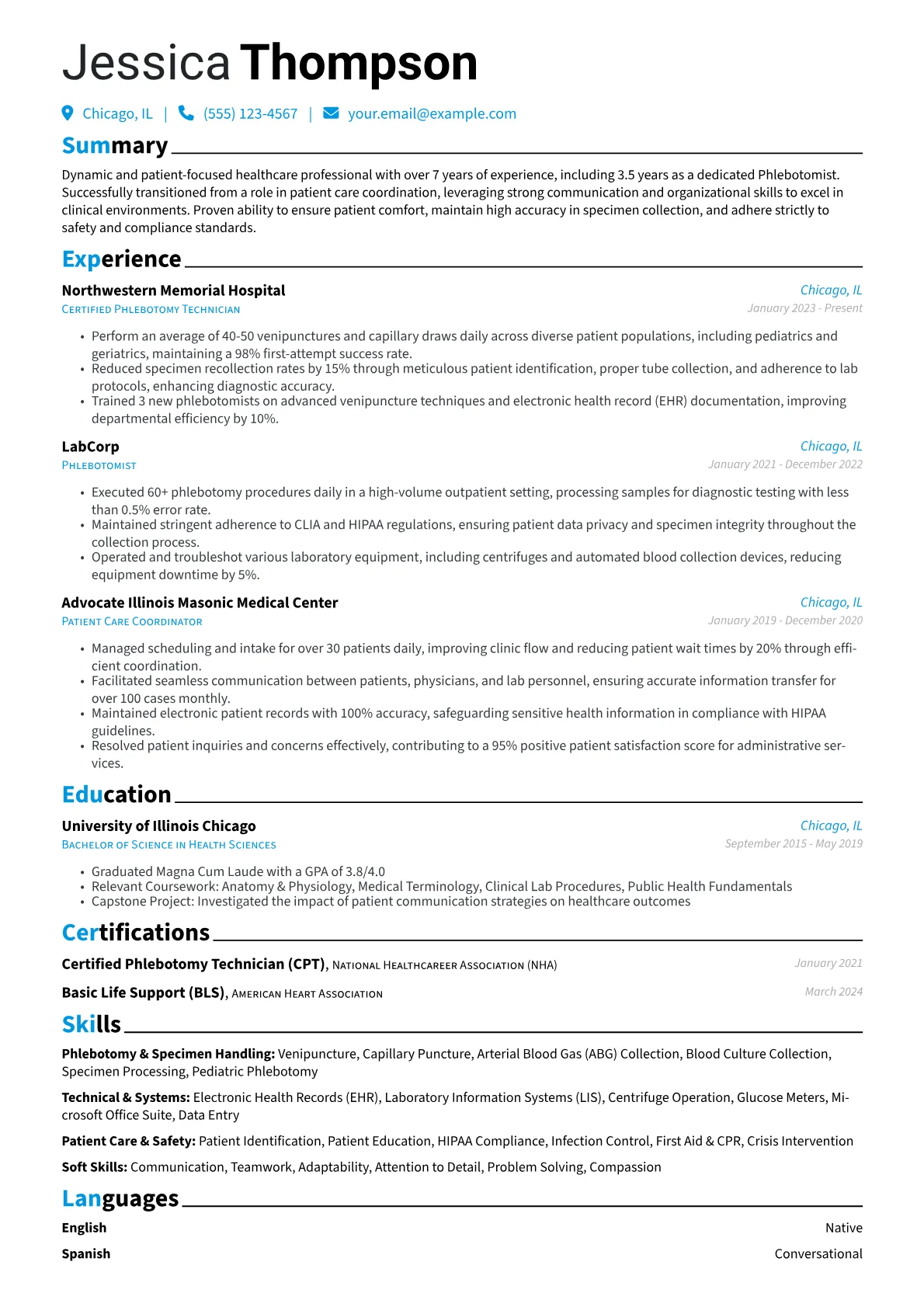 Experienced Phlebotomist resume example, Career changer, page 1