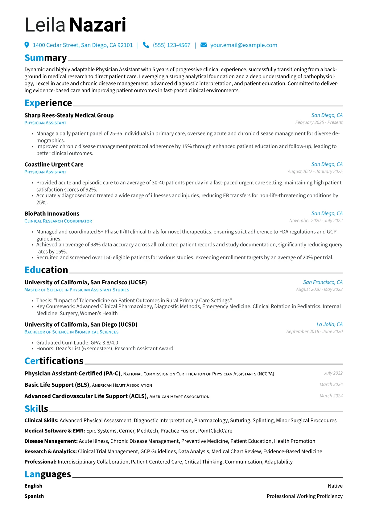 Experienced Physician Assistant resume example, Career changer, page 1