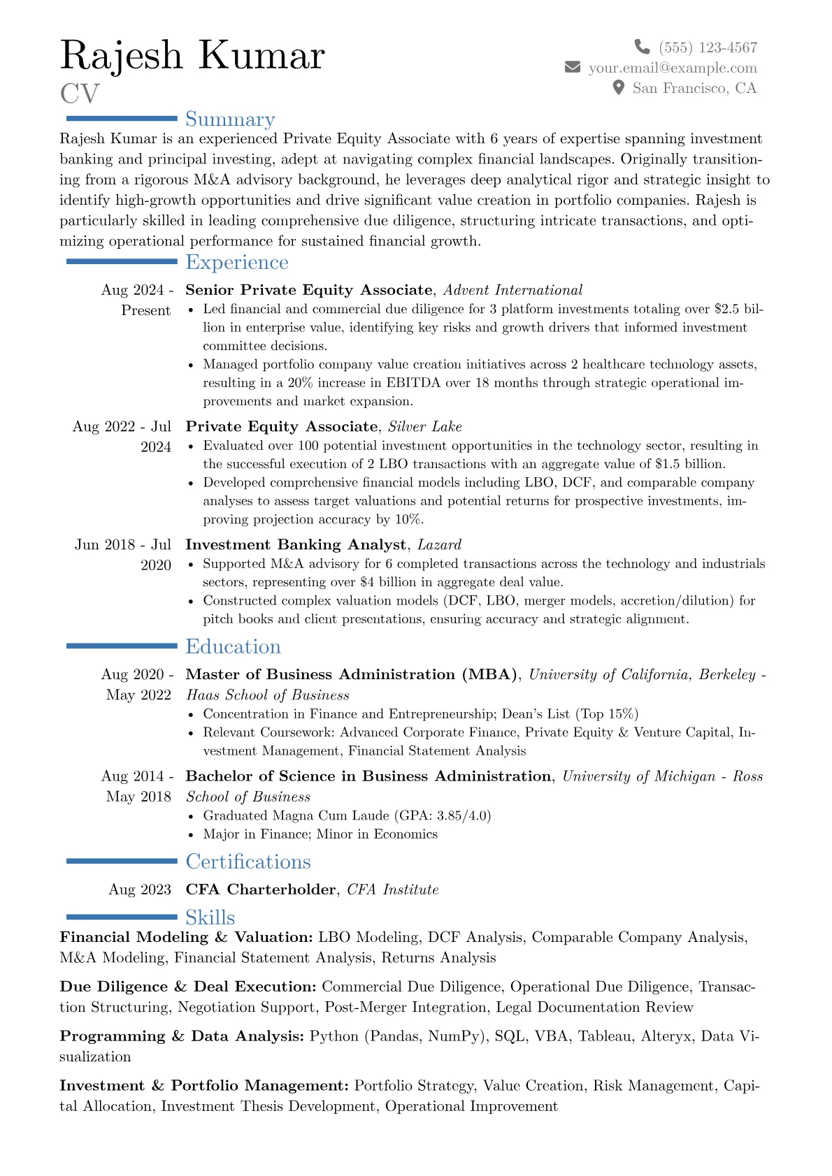 Experienced Private Equity Associate resume example, Career changer, page 1