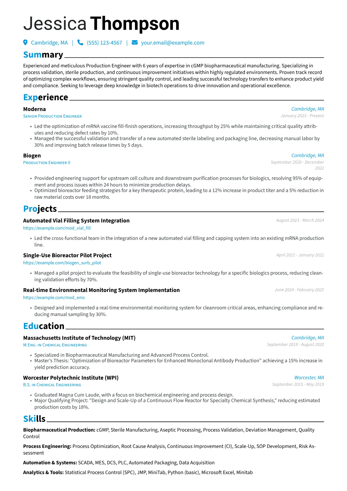 Experienced Production Engineer resume example, Production Engineer, page 1