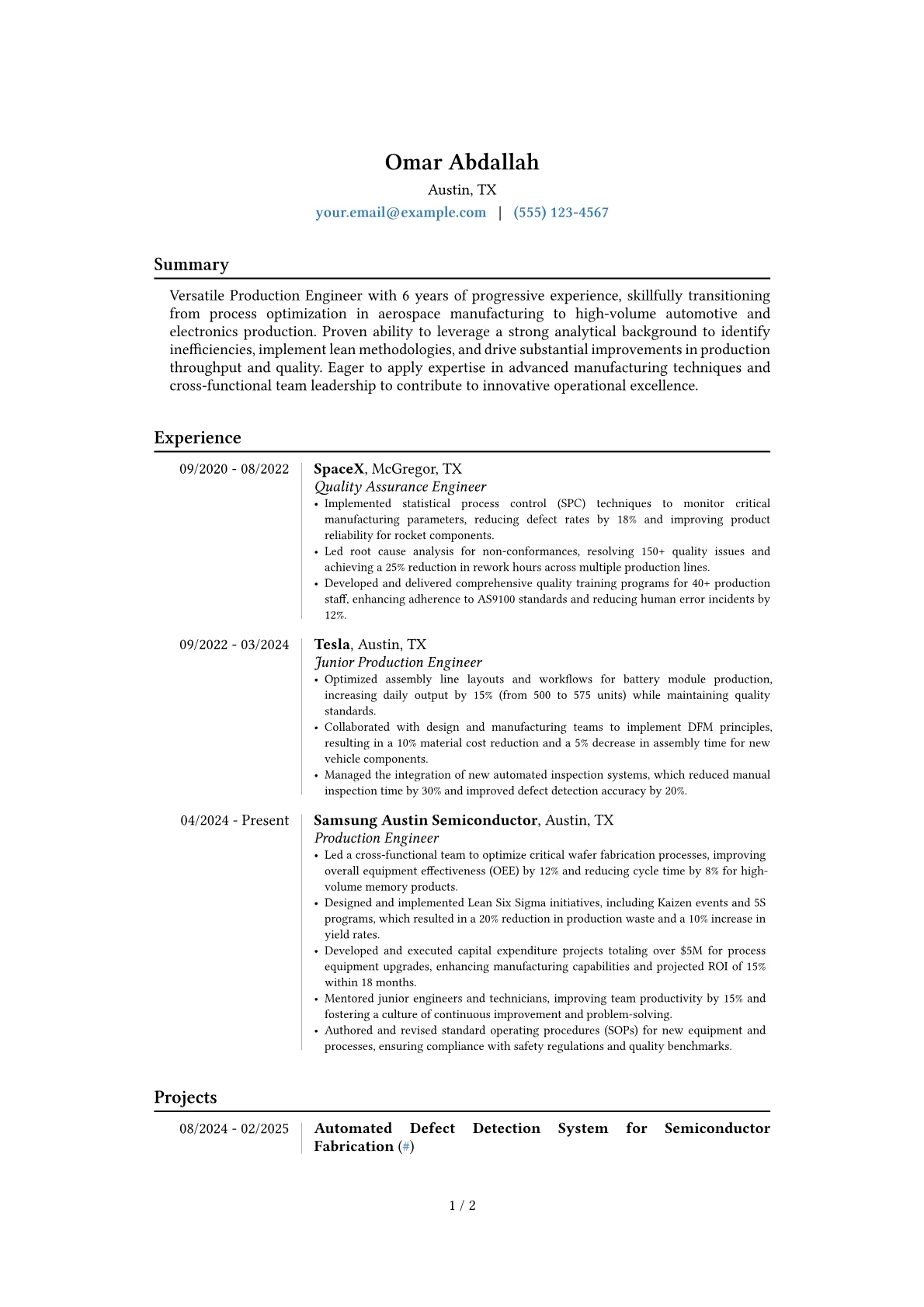 Experienced Production Engineer resume example, Career changer, page 1