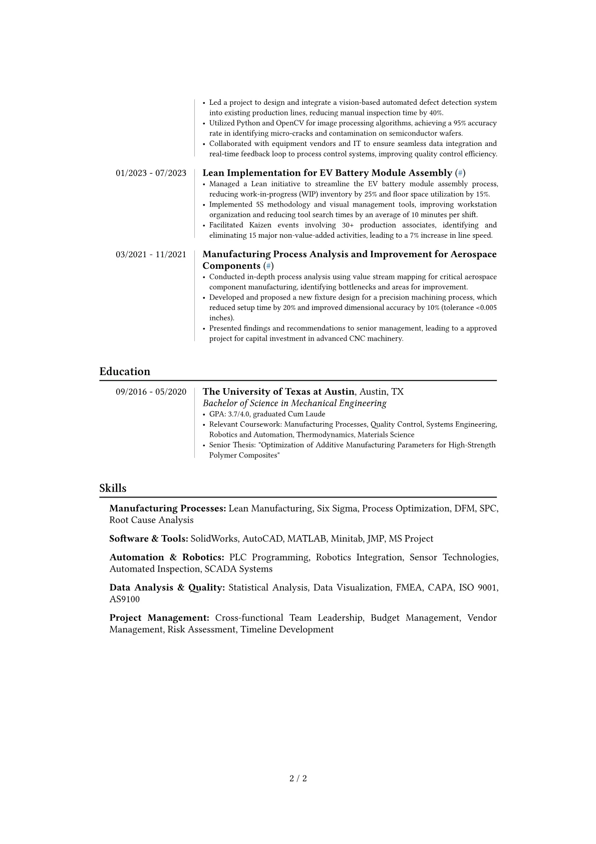 Experienced Production Engineer resume example, Career changer, page 2