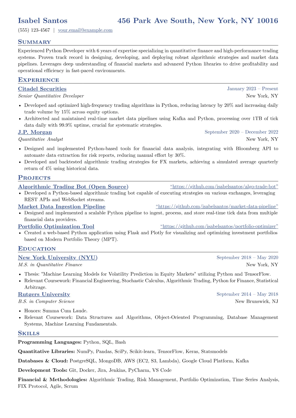 Experienced Python Developer resume example, FinTech Focused, page 1