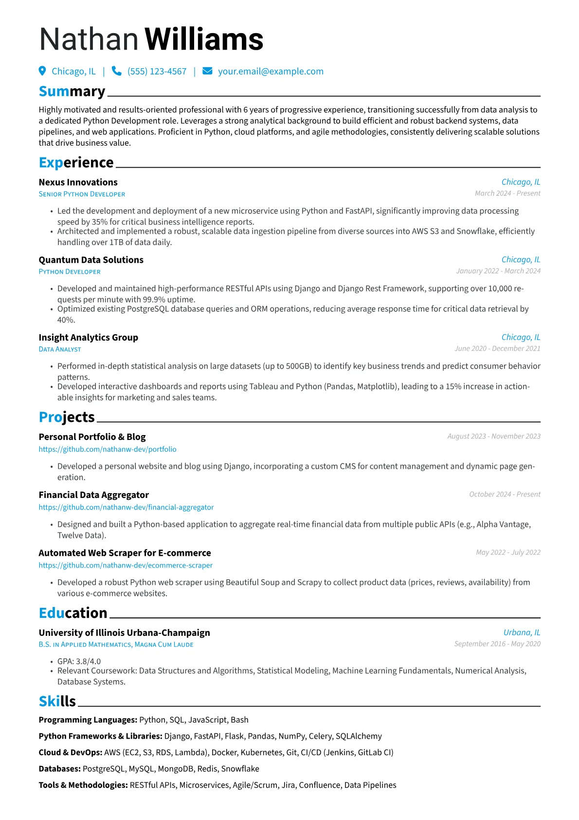 Experienced Python Developer resume example, Career changer, page 1