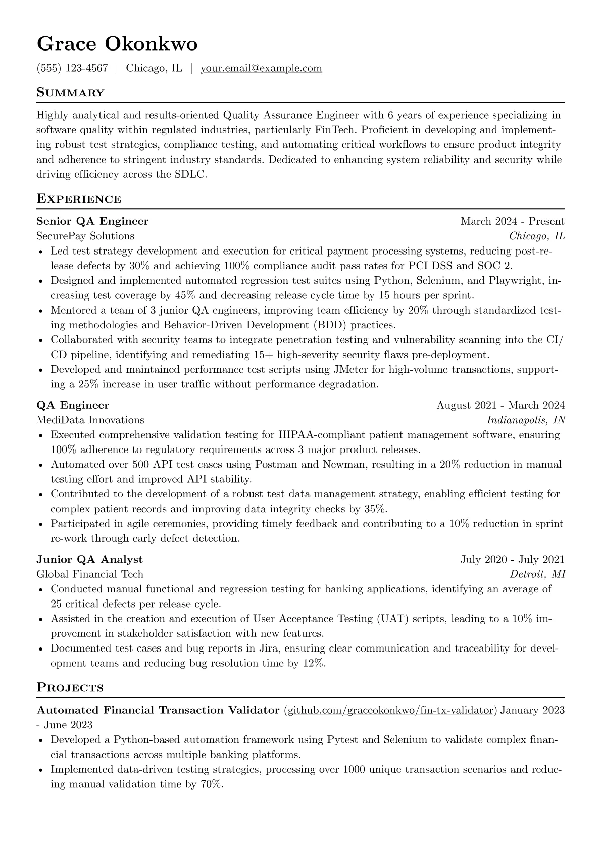 Experienced QA Engineer resume example, FinTech Compliance QA, page 1