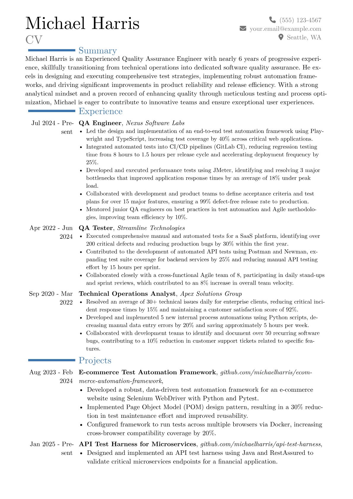 Experienced QA Engineer resume example, Career changer, page 1