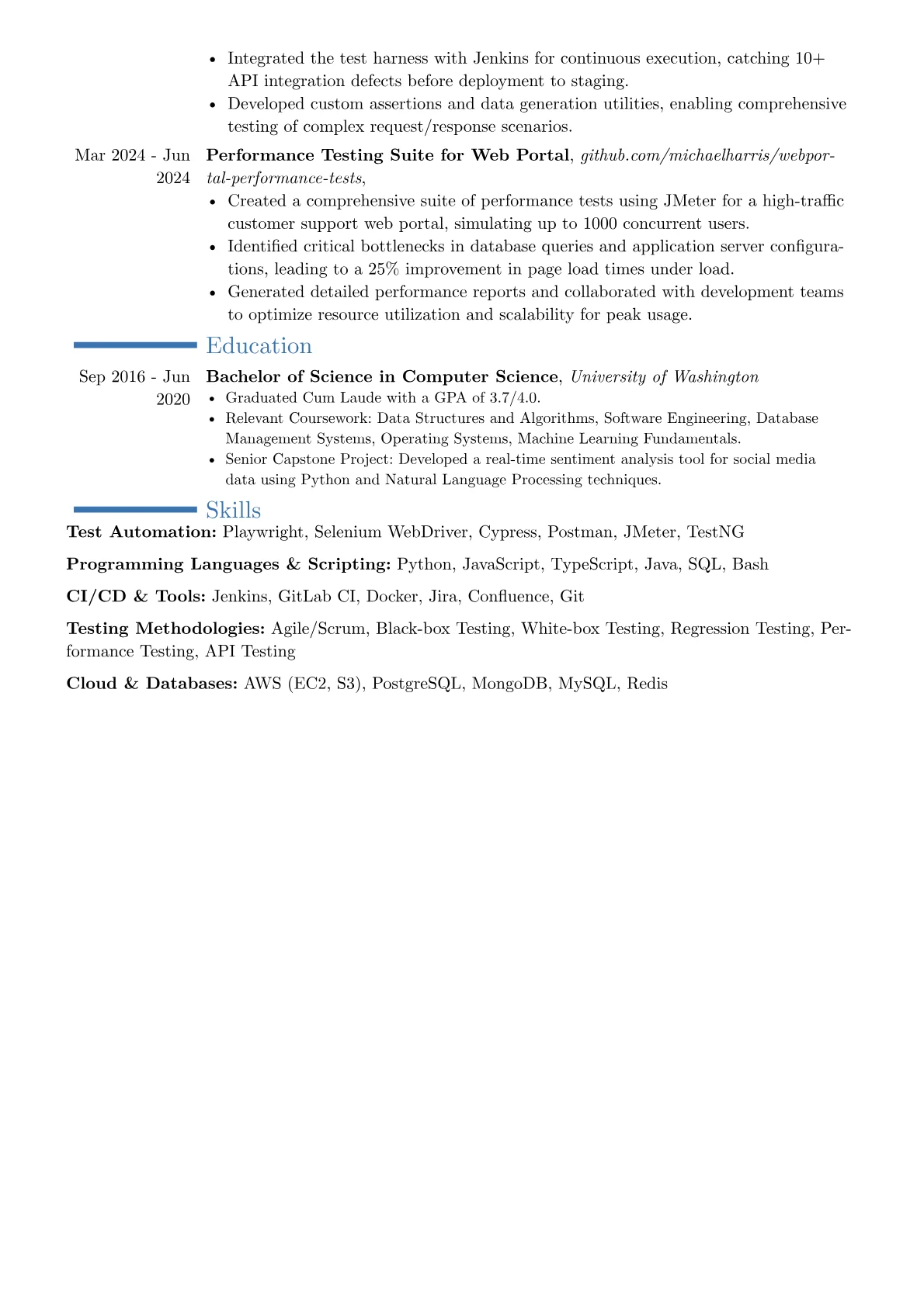 Experienced QA Engineer resume example, Career changer, page 2