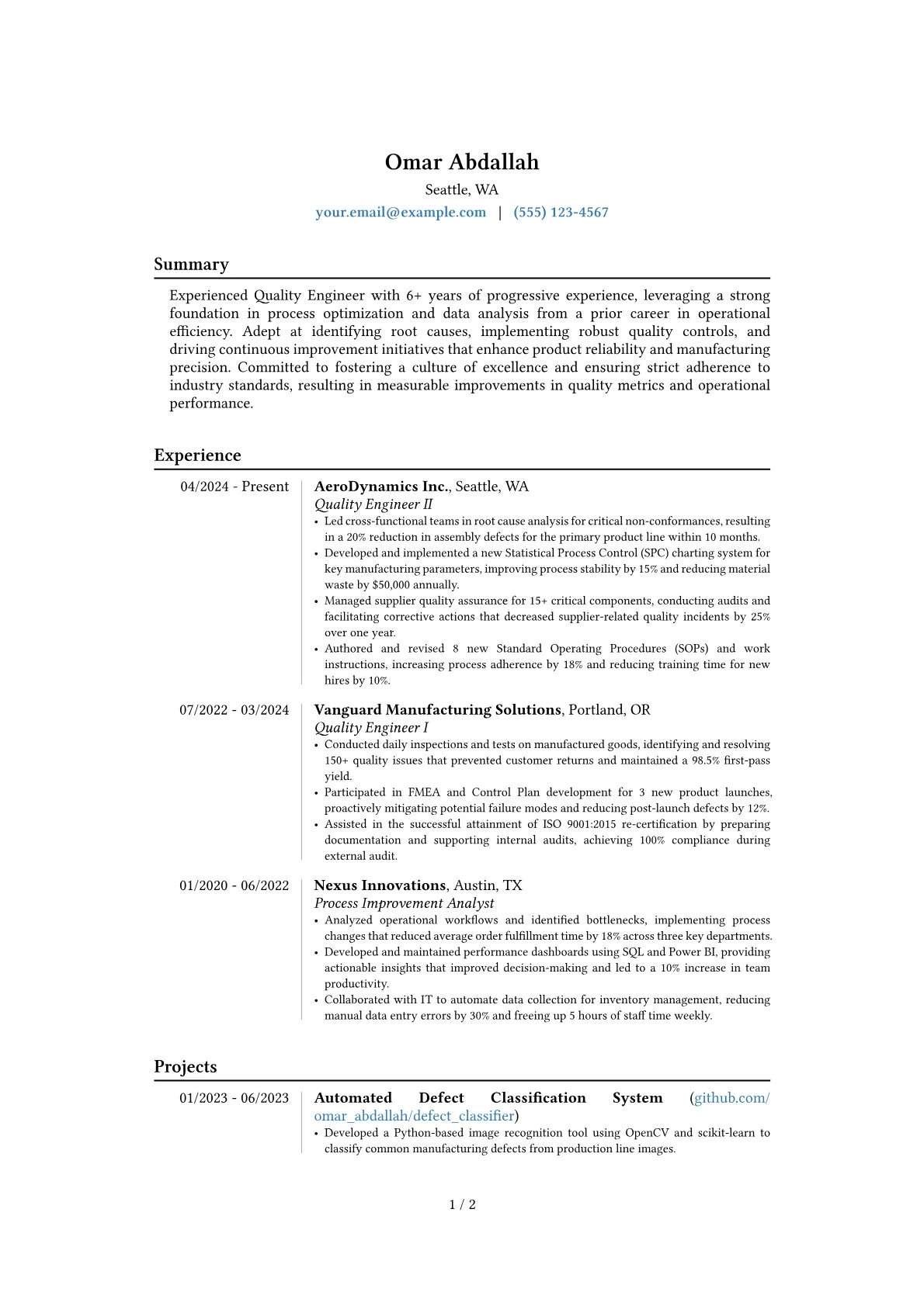 Experienced Quality Engineer resume example, Career changer, page 1