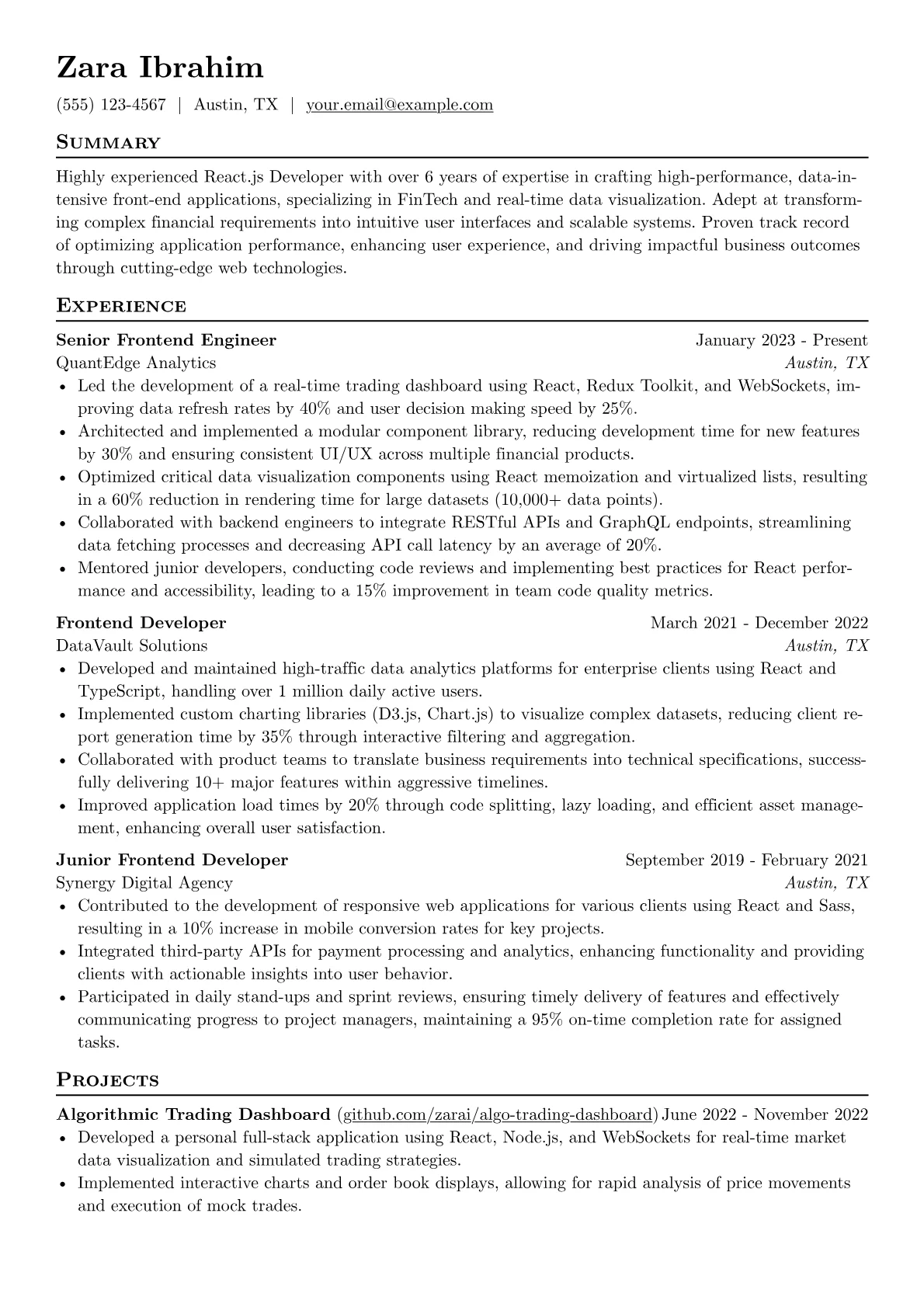 Experienced React.js Developer resume example, FinTech React.js, page 1