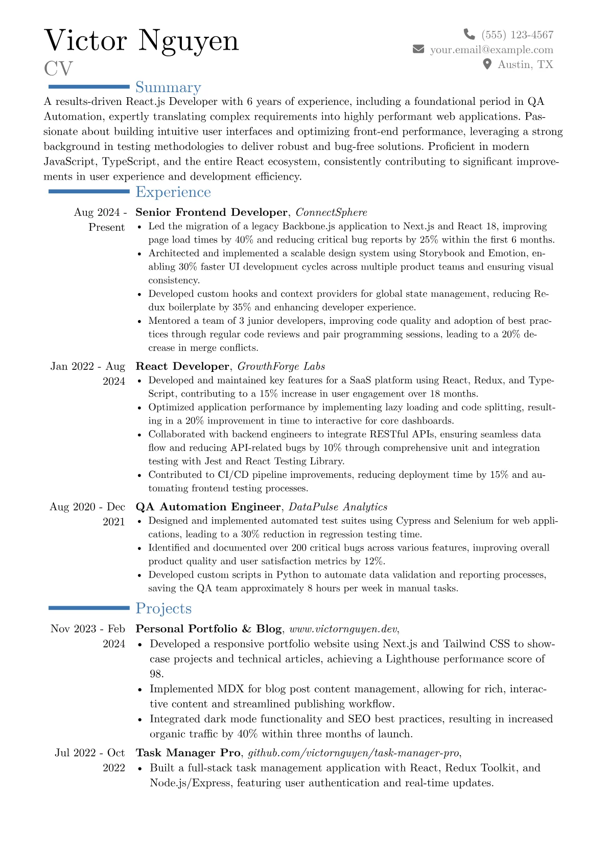 Experienced React.js Developer resume example, Career changer, page 1