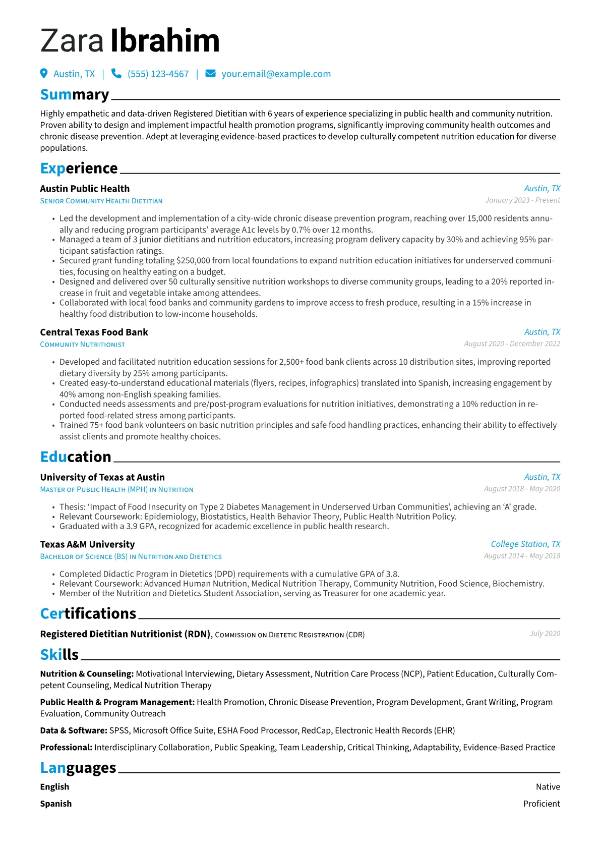 Experienced Registered Dietitian resume example, Public Health Specialist, page 1