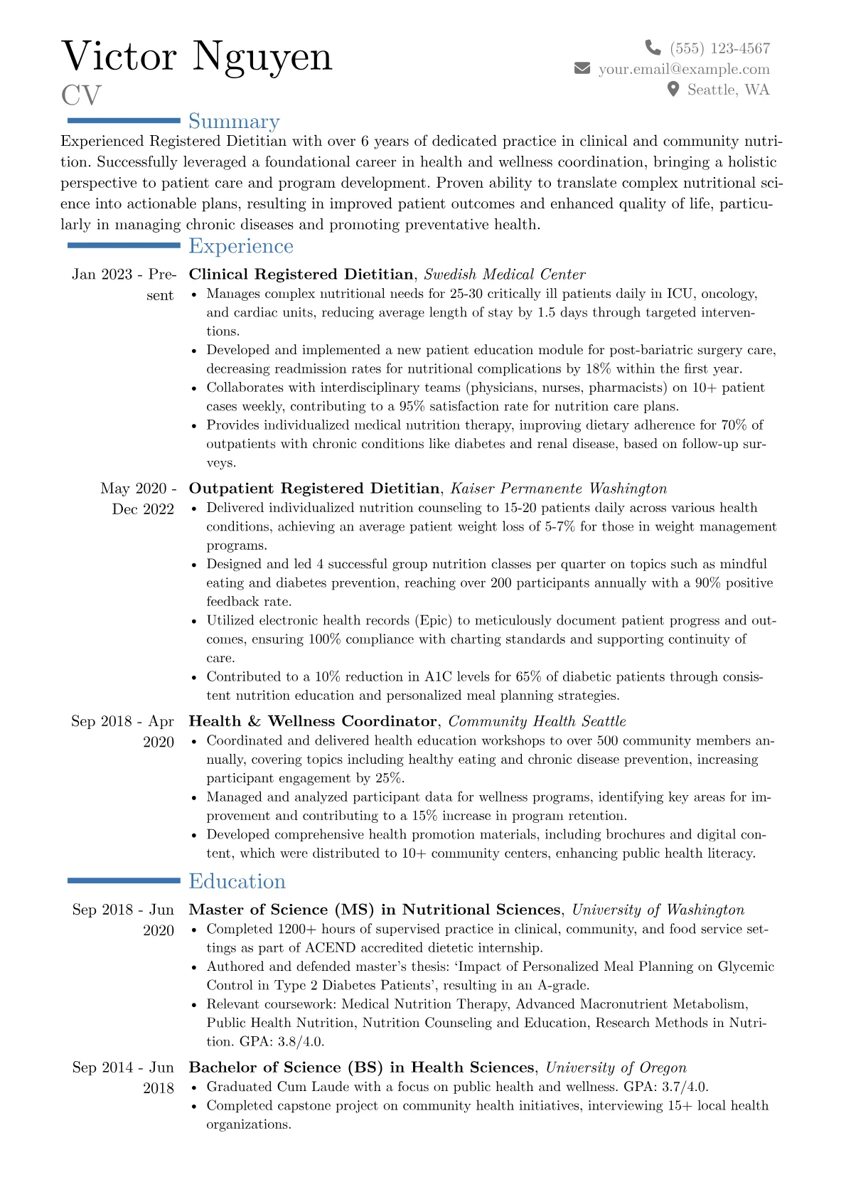 Experienced Registered Dietitian resume example, Career changer, page 1