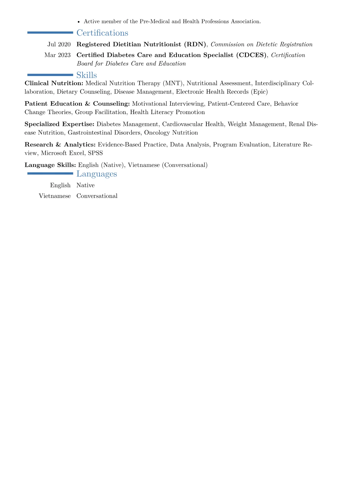 Experienced Registered Dietitian resume example, Career changer, page 2