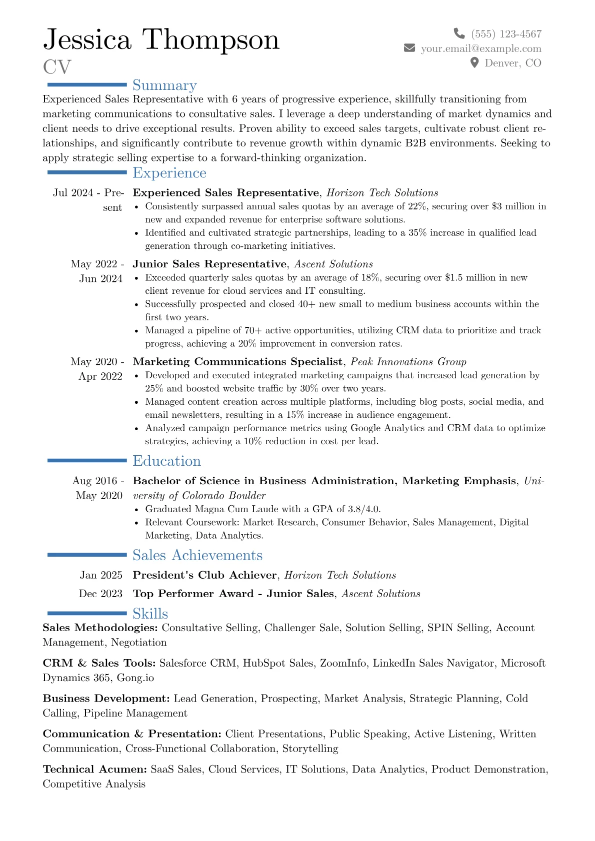 Experienced Sales Representative resume example, Career changer, page 1