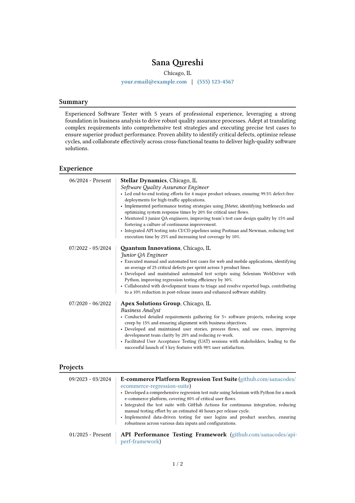Experienced Software Tester resume example, Career changer, page 1