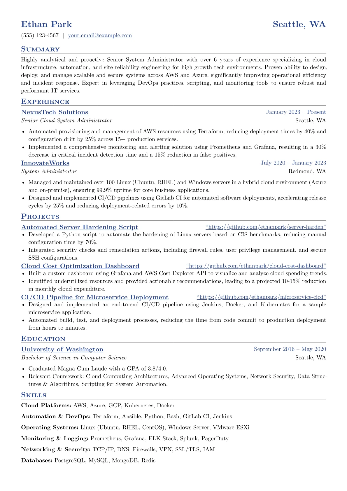 Experienced System Administrator resume example, Cloud & DevOps Focused, page 1