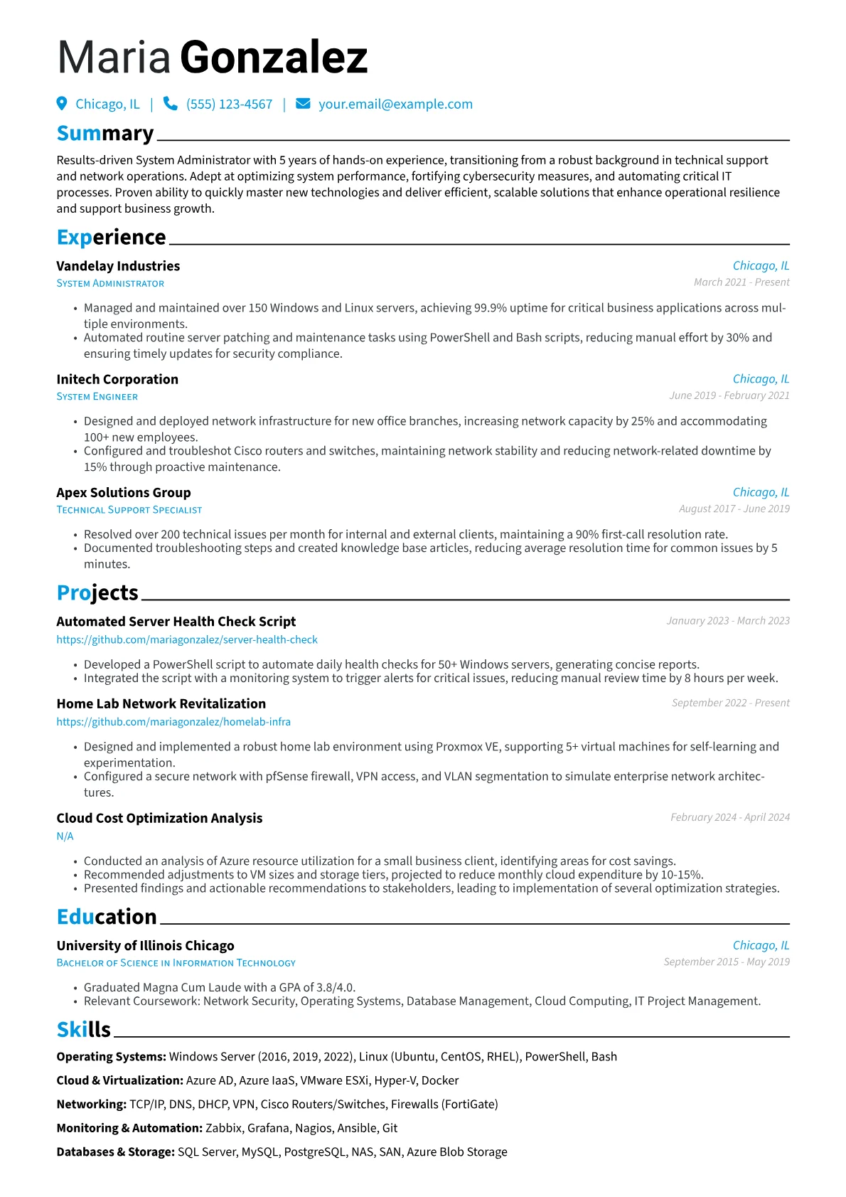 Experienced System Administrator resume example, Career changer, page 1