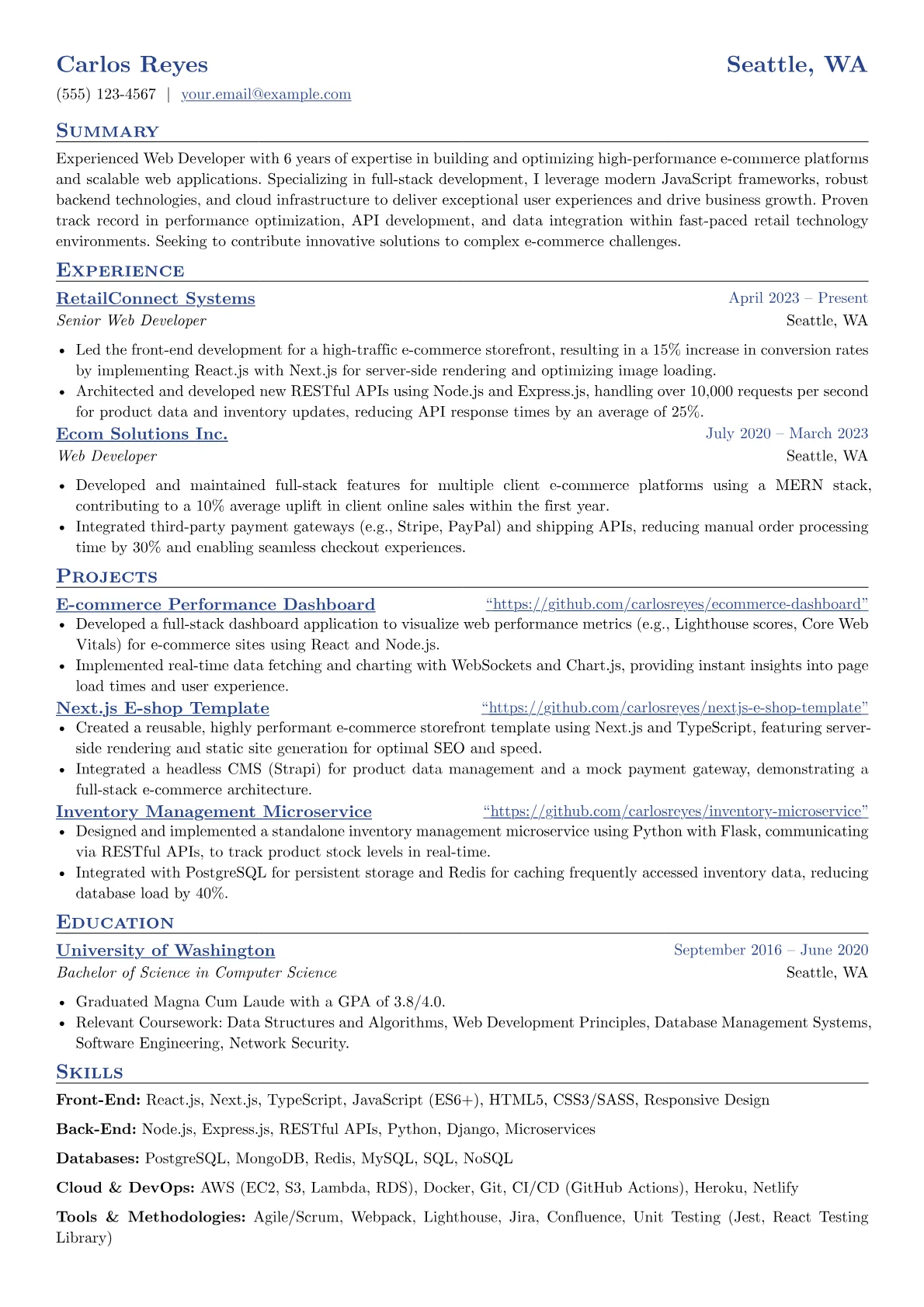 Experienced Web Developer resume example, Mid-level E-commerce Web, page 1